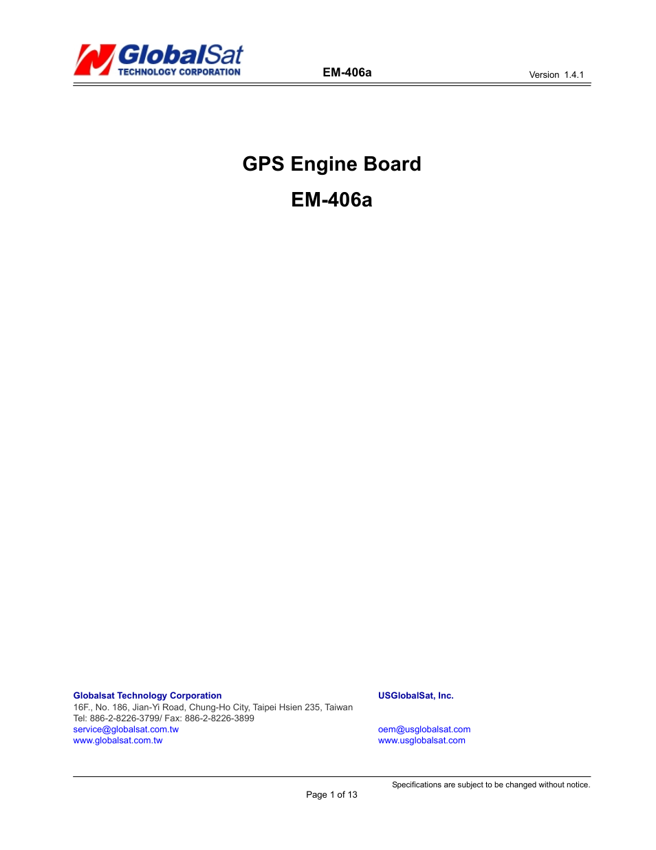 USGlobalsat EM-406a User Manual | 13 pages