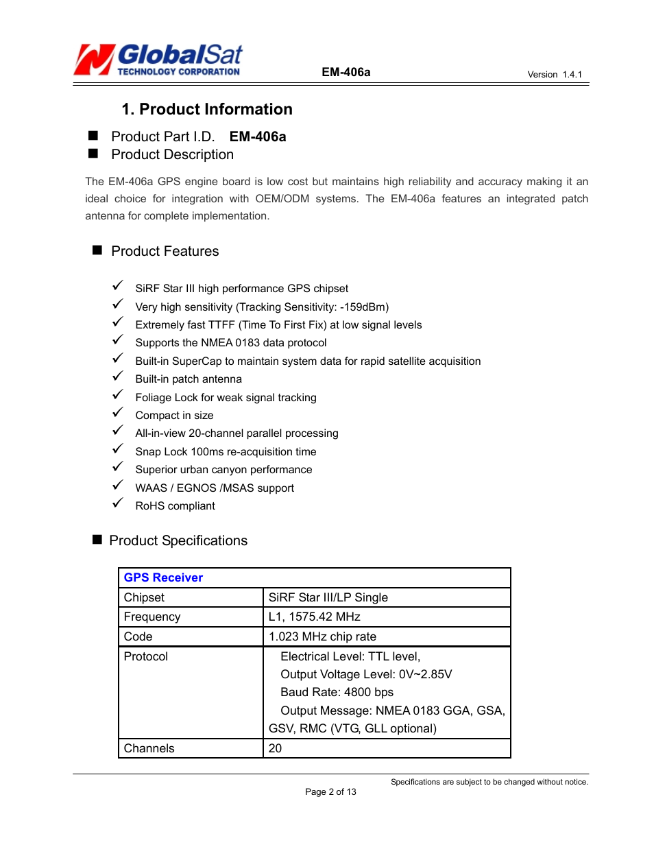 USGlobalsat EM-406a User Manual | Page 2 / 13