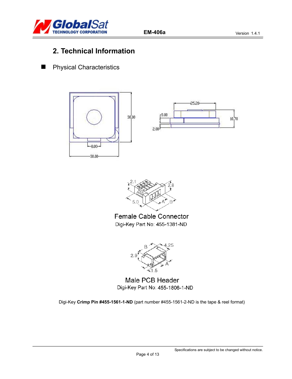 Technical information | USGlobalsat EM-406a User Manual | Page 4 / 13