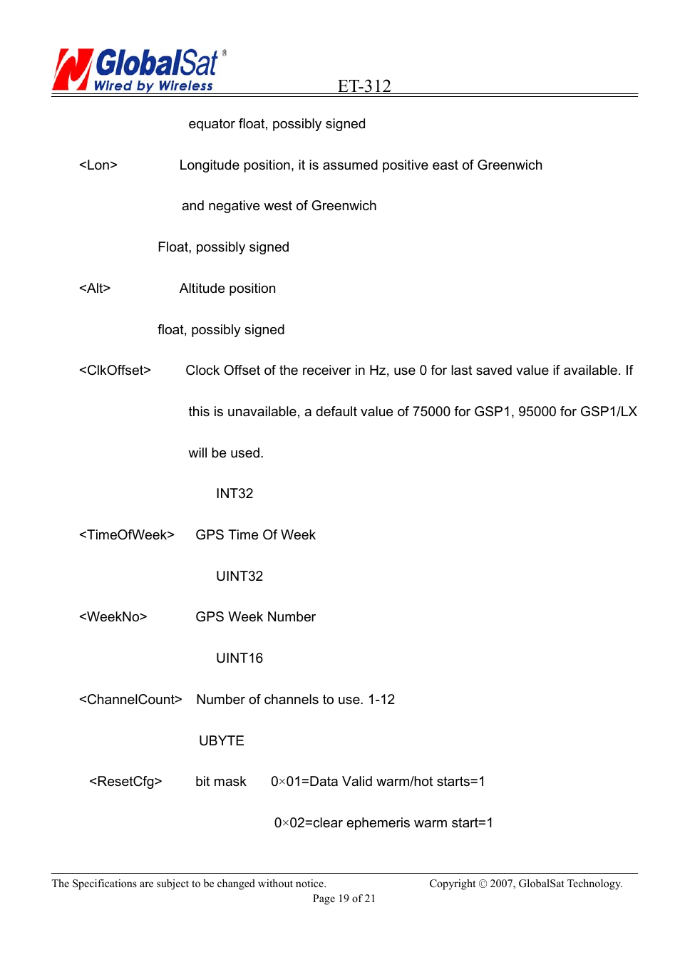 Et-312 | USGlobalsat ET-312 User Manual | Page 19 / 21