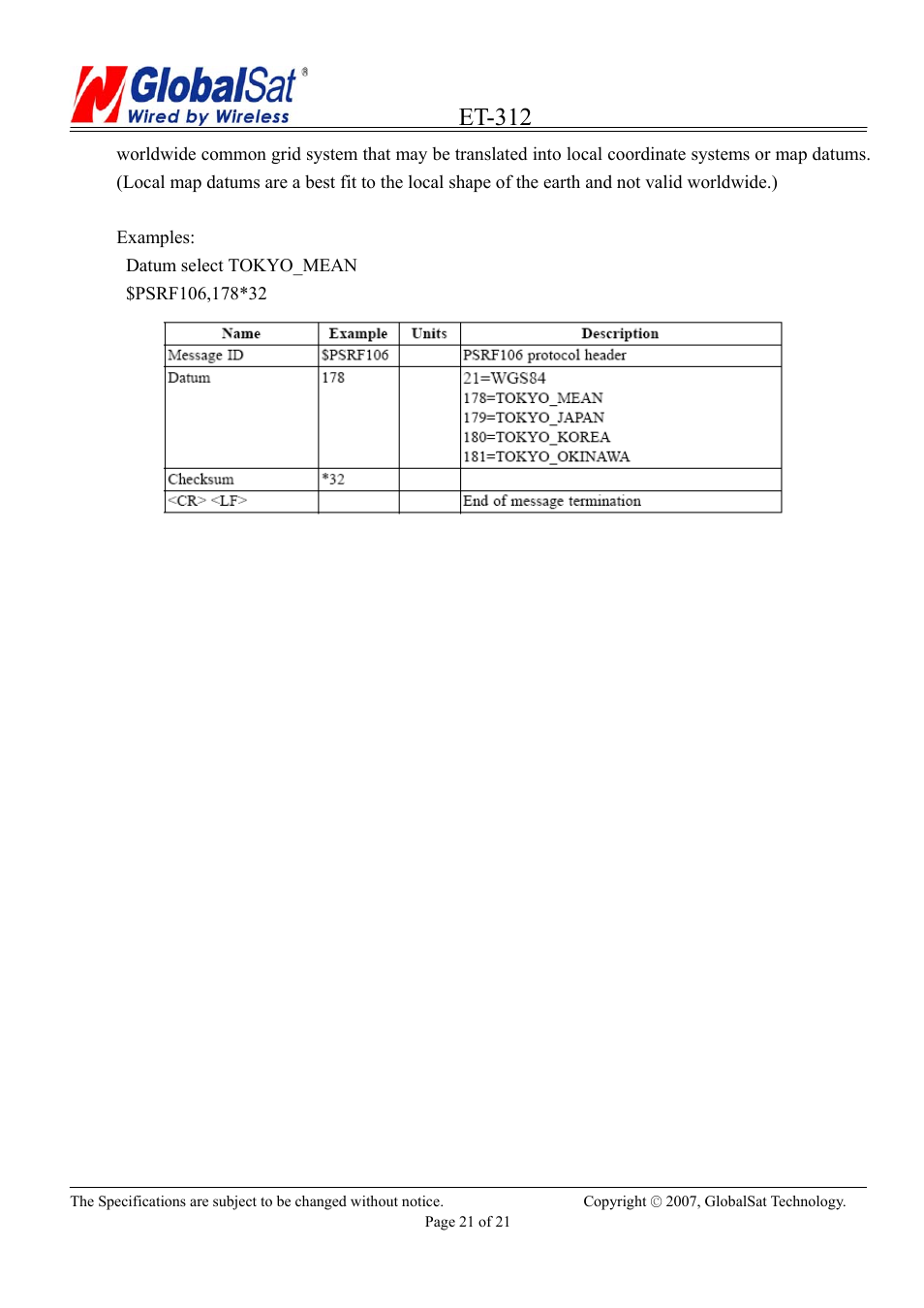 Et-312 | USGlobalsat ET-312 User Manual | Page 21 / 21