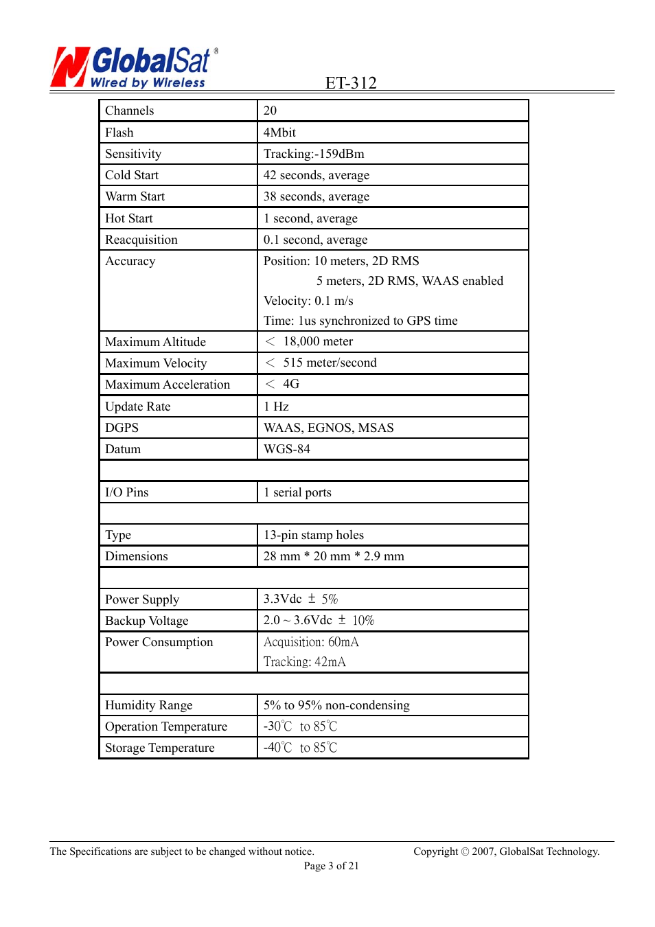 Et-312 | USGlobalsat ET-312 User Manual | Page 3 / 21