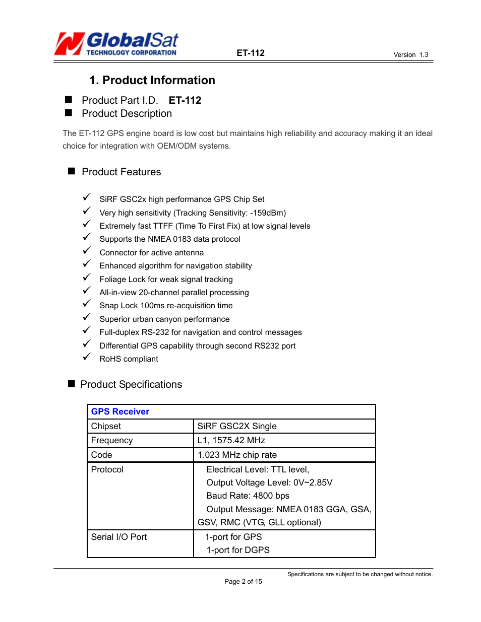 Product information | USGlobalsat ER-112 User Manual | Page 2 / 15