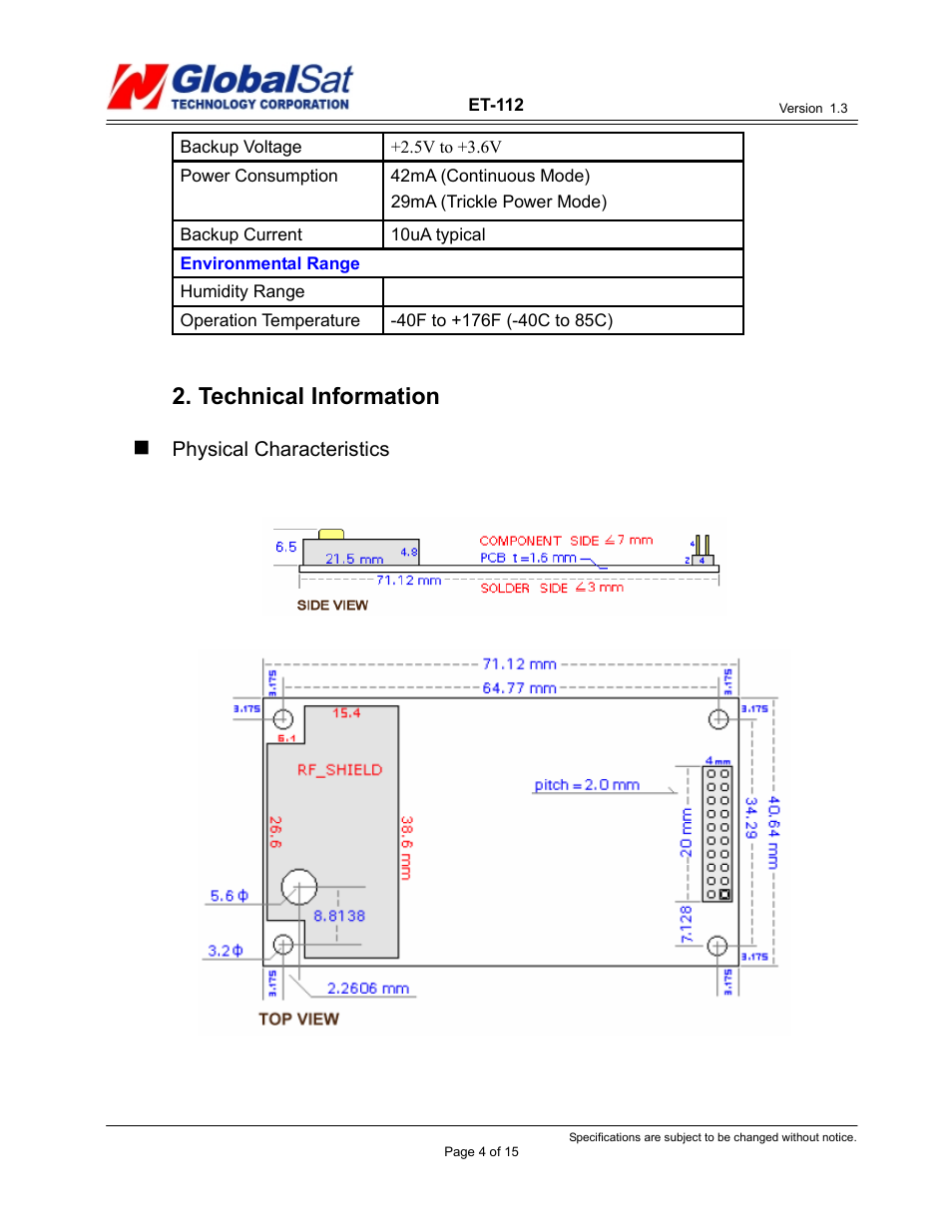 Technical information | USGlobalsat ER-112 User Manual | Page 4 / 15