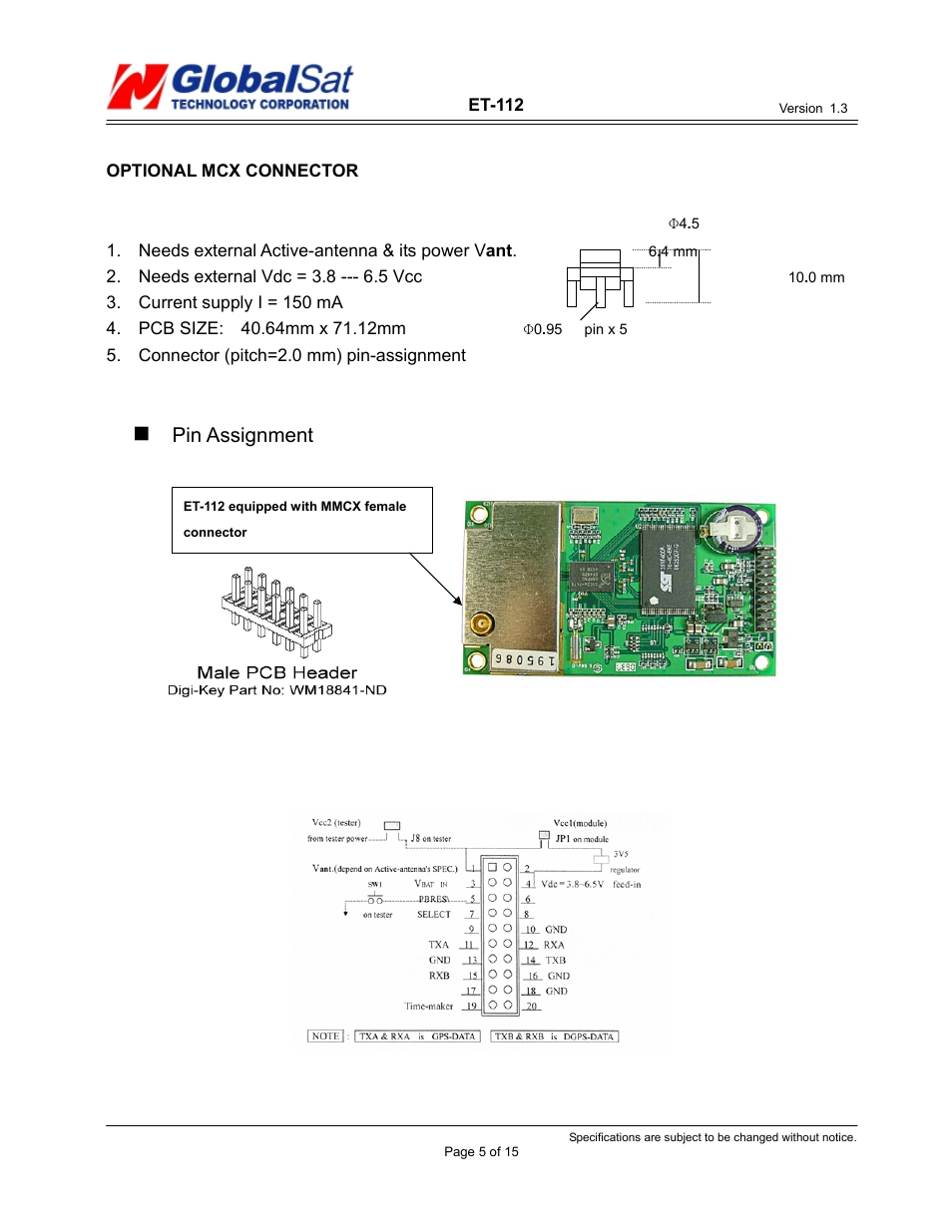 Pin assignment | USGlobalsat ER-112 User Manual | Page 5 / 15