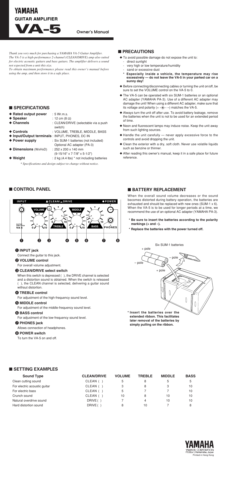 Va-5, Guitar amplifier, Specifications | Precautions, Control panel, Battery replacement, Setting examples | Yamaha VA-5 User Manual | Page 2 / 4
