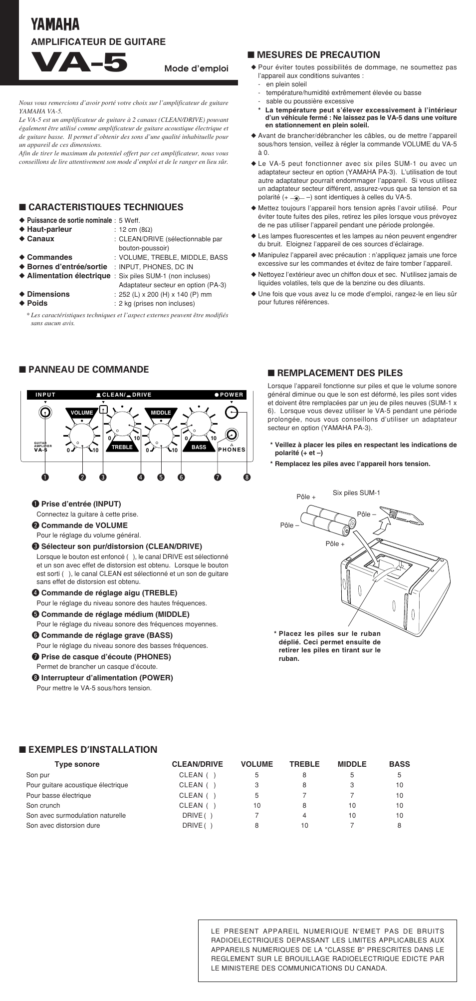 Va-5, Caracteristiques techniques, Mesures de precaution | Panneau de commande ■ remplacement des piles, Exemples d’installation, Amplificateur de guitare | Yamaha VA-5 User Manual | Page 3 / 4