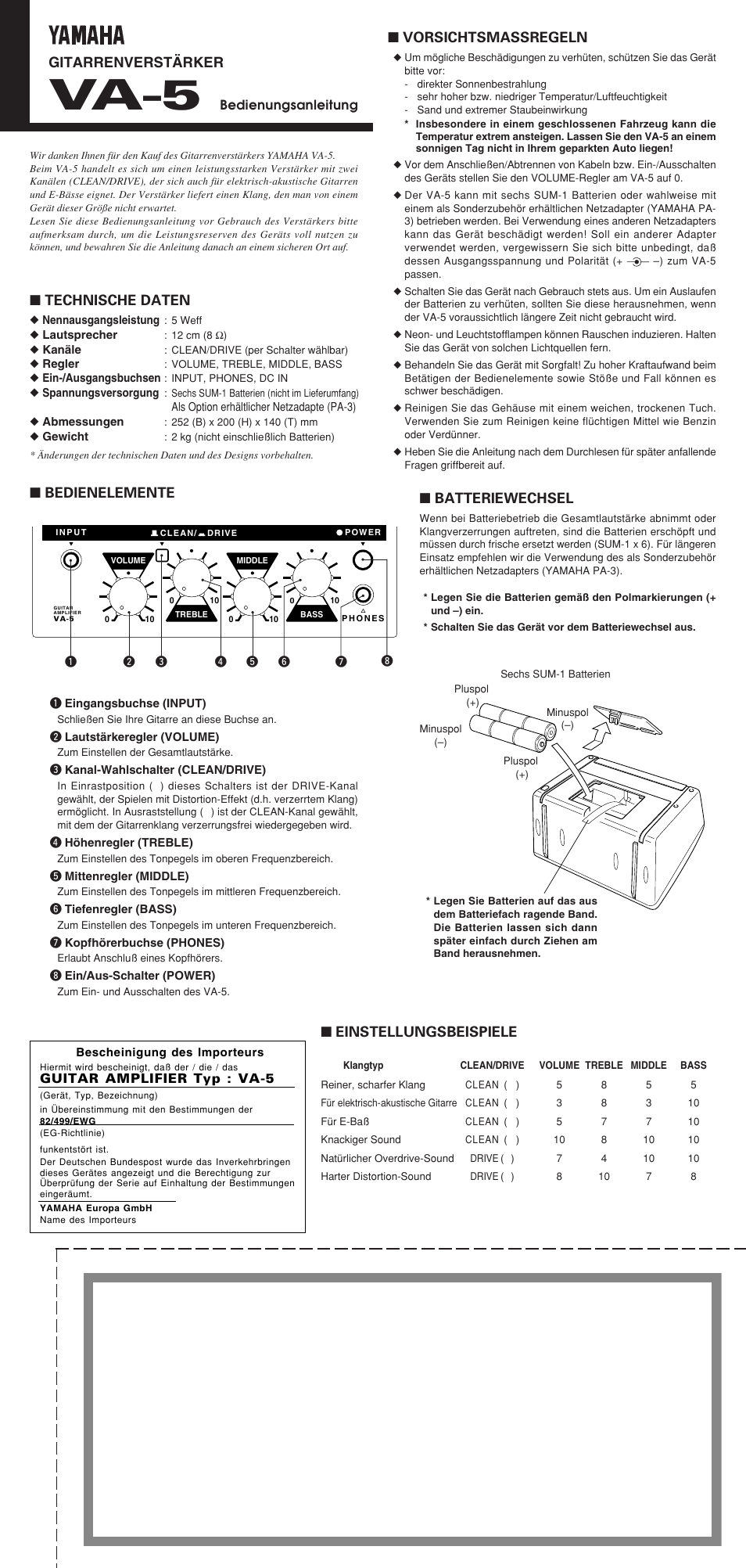 Va-5, Bedienelemente ■ batteriewechsel, Technische daten | Vorsichtsmassregeln, Einstellungsbeispiele, Gitarrenverstärker | Yamaha VA-5 User Manual | Page 4 / 4
