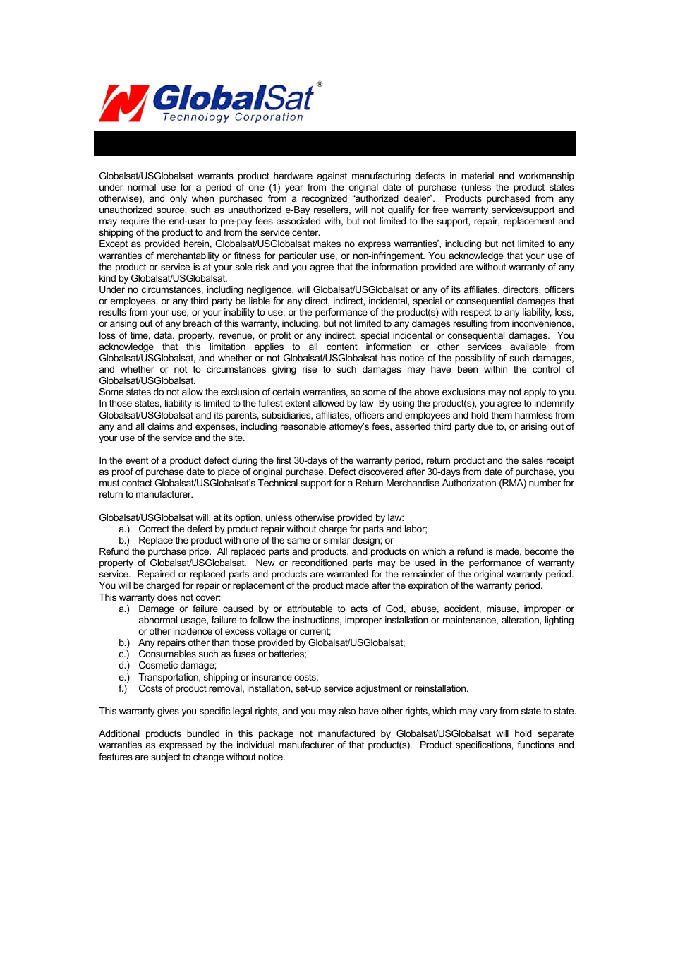 Limited warranty | USGlobalsat BR-355-S4 User Manual | Page 11 / 15
