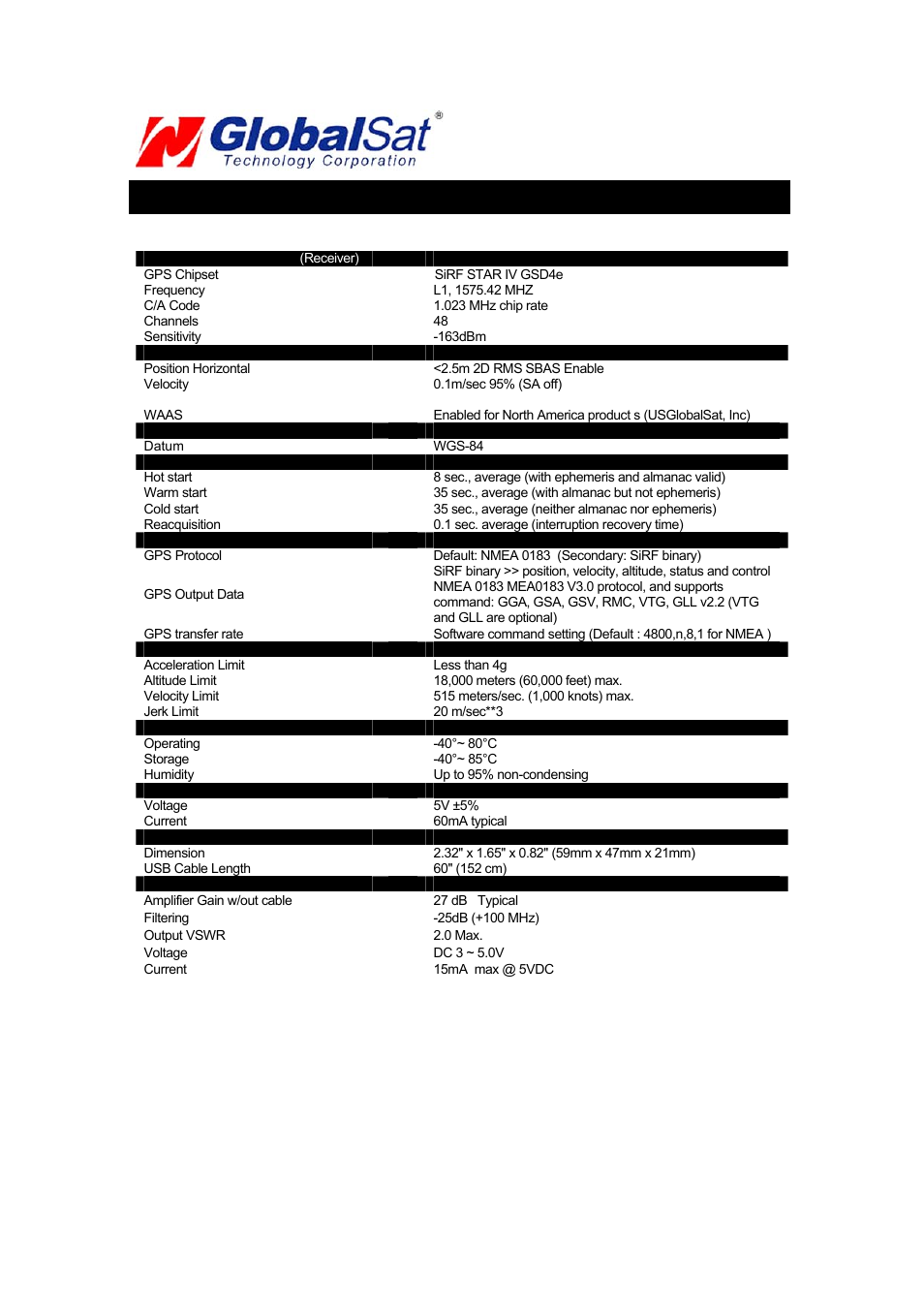 Bu-353s4 specifications | USGlobalsat BR-355-S4 User Manual | Page 12 / 15