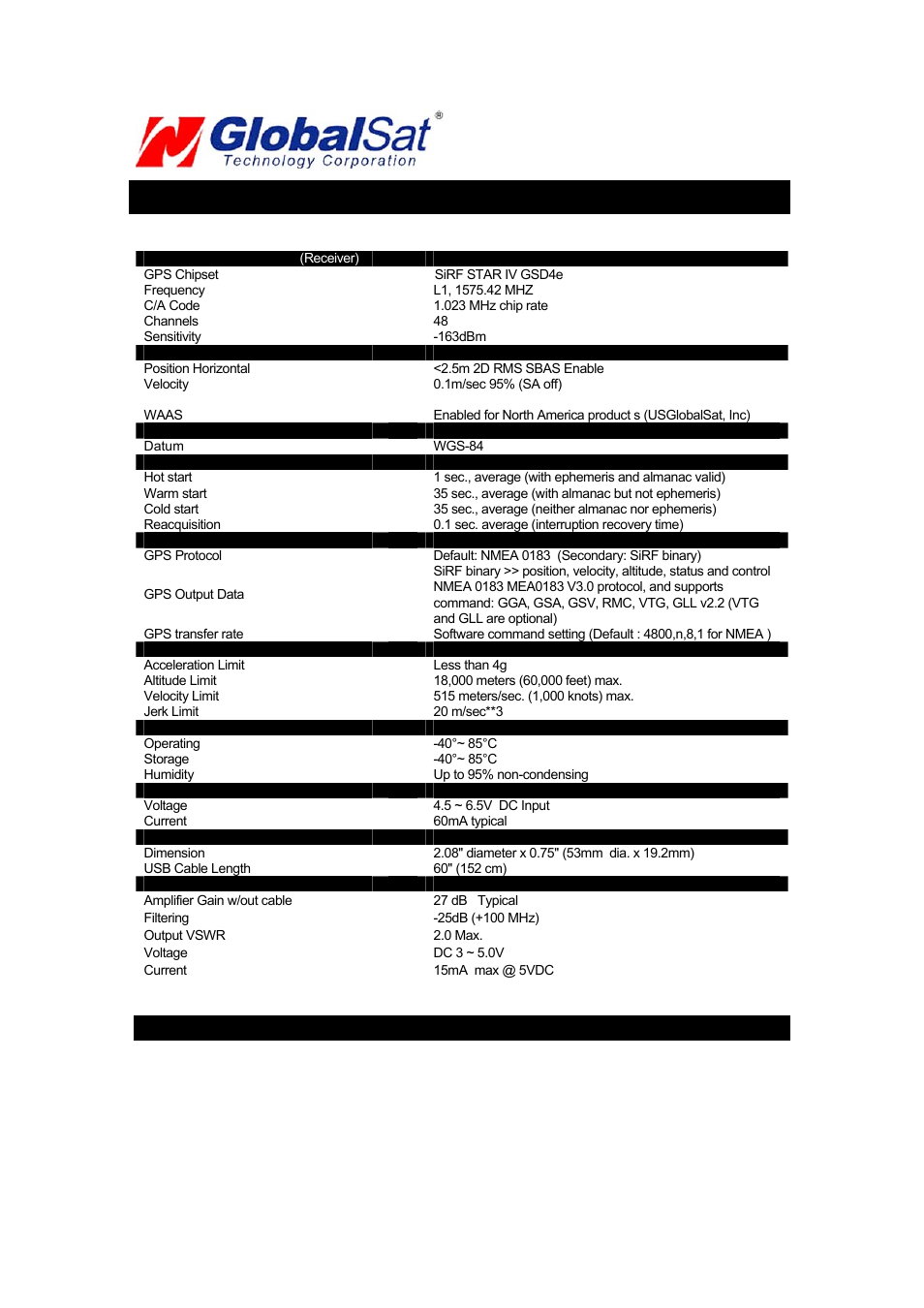 Br-355s4 specifications | USGlobalsat BR-355-S4 User Manual | Page 13 / 15