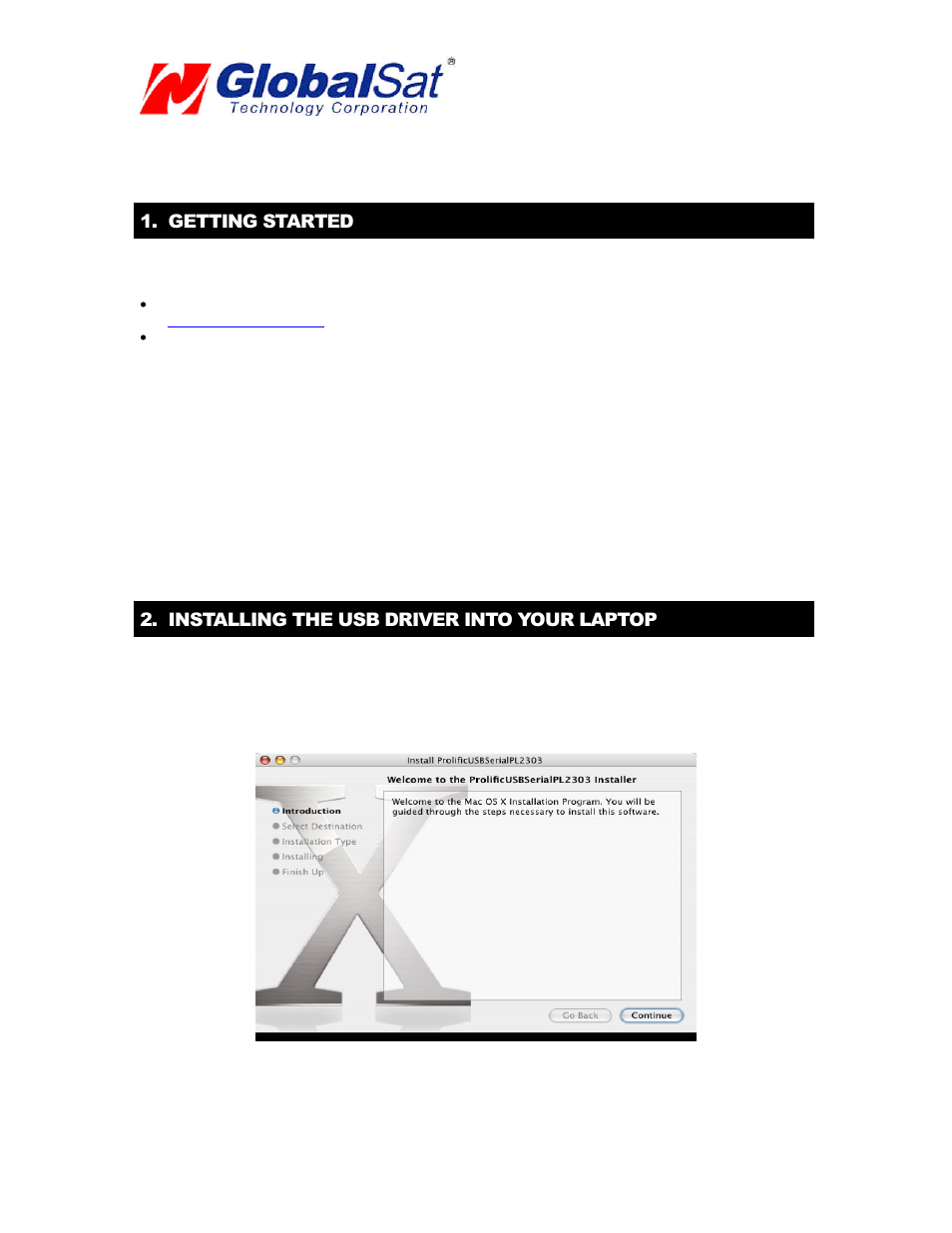 Usb gps (mac), Getting started, Installing the usb driver into your laptop | USGlobalsat BR-355 (Mac) User Manual | Page 5 / 15