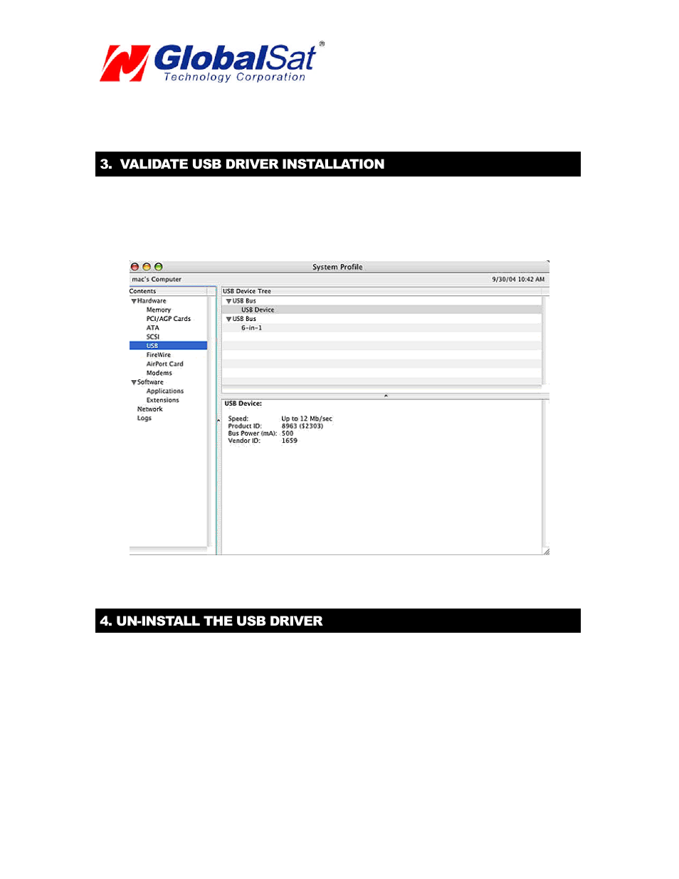 Usb gps (mac), Validate usb driver installation, Un-install the usb driver | USGlobalsat BR-355 (Mac) User Manual | Page 8 / 15