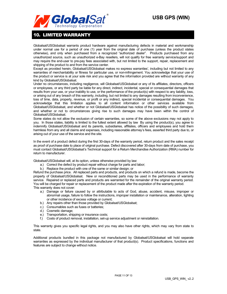 Usb gps (win), Limited warranty | USGlobalsat BR-355 (WIN) User Manual | Page 12 / 13