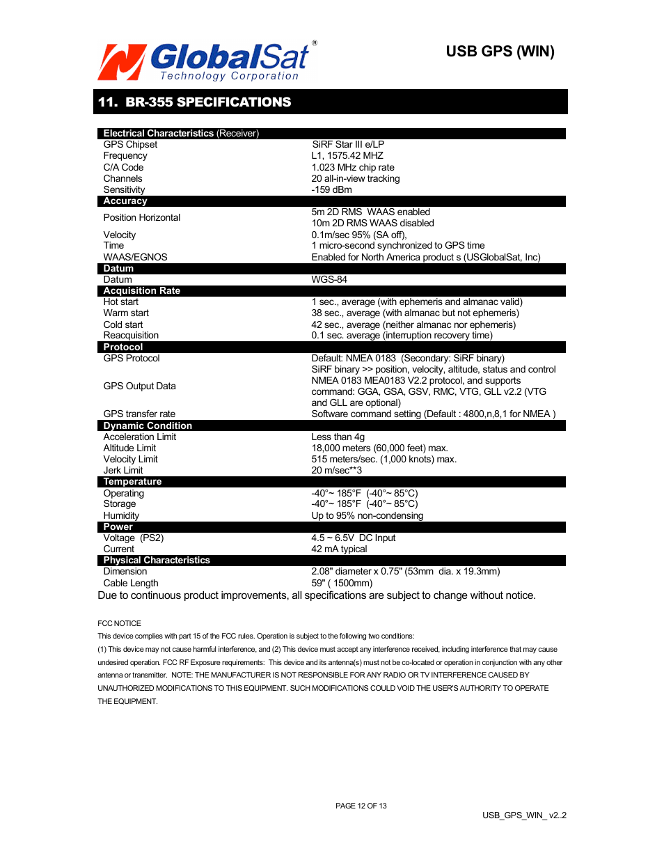 Usb gps (win), Br-355 specifications | USGlobalsat BR-355 (WIN) User Manual | Page 13 / 13