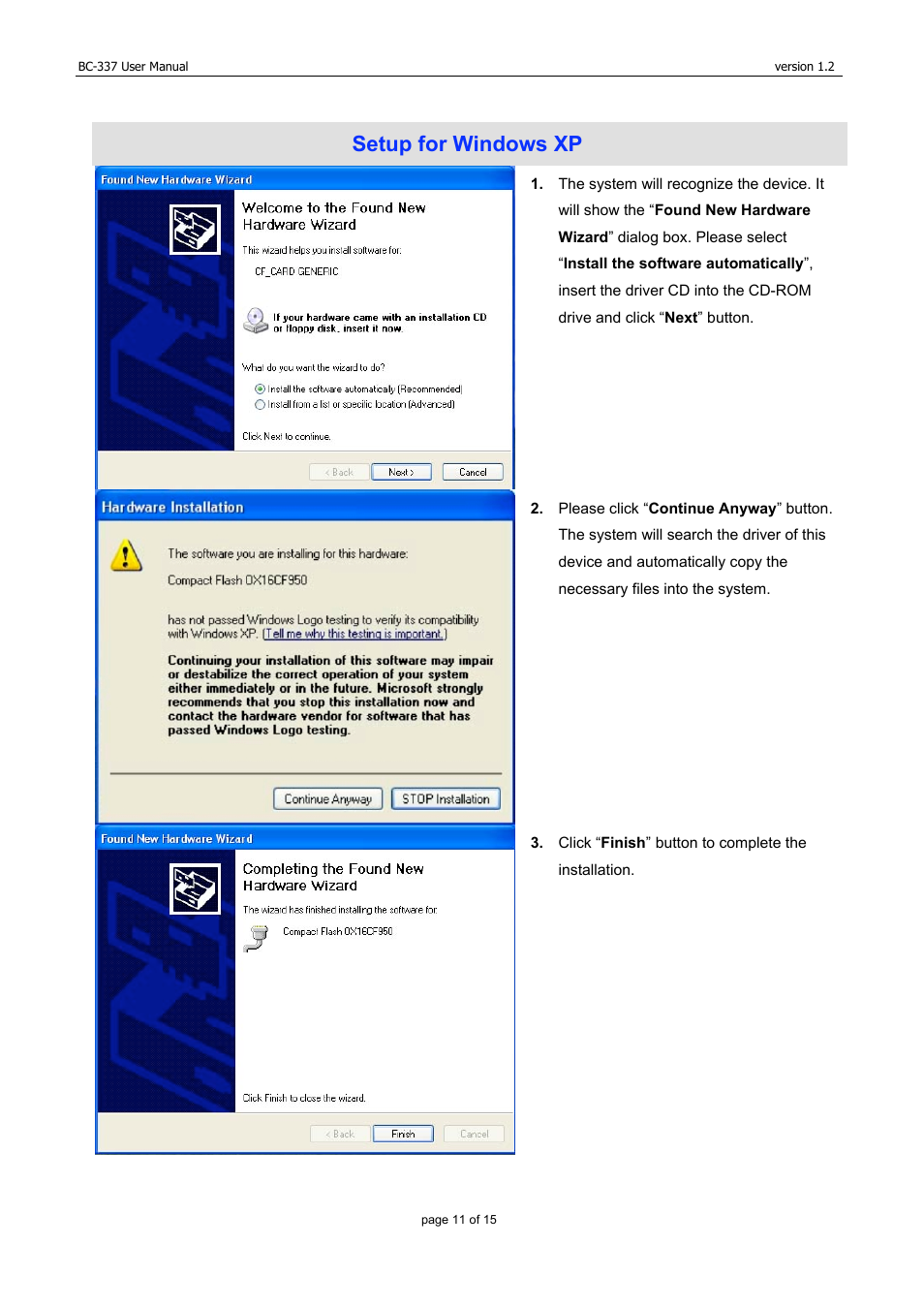 Setup for windows xp | USGlobalsat BC-337 User Manual | Page 11 / 15