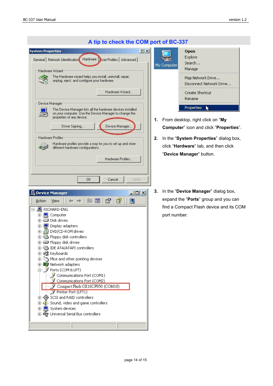 A tip to check the com port of bc-337 | USGlobalsat BC-337 User Manual | Page 14 / 15