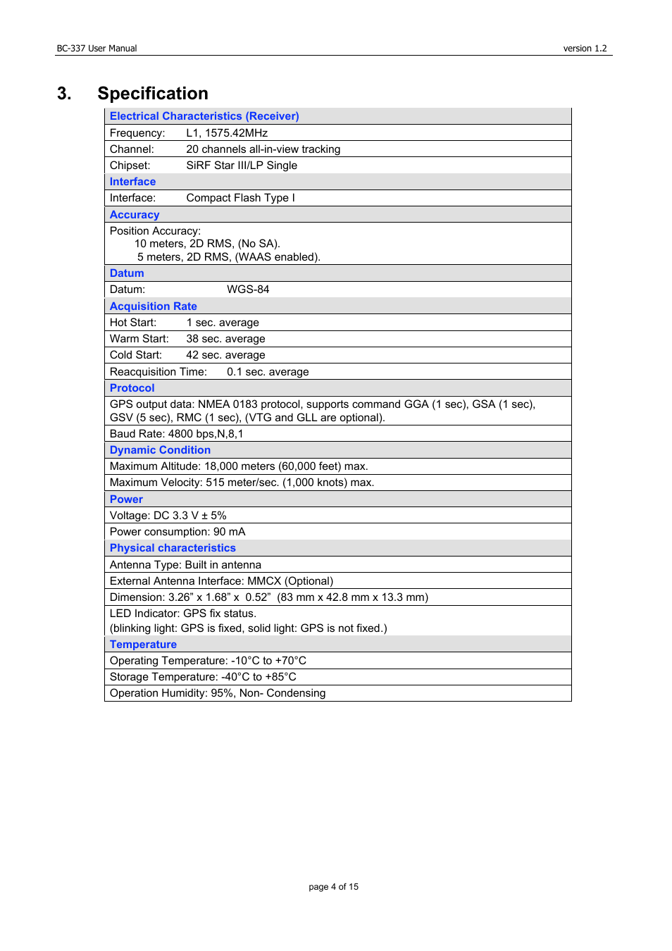 Specification | USGlobalsat BC-337 User Manual | Page 4 / 15