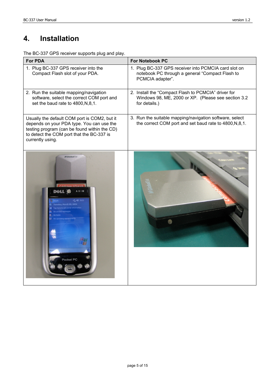 Installation | USGlobalsat BC-337 User Manual | Page 5 / 15