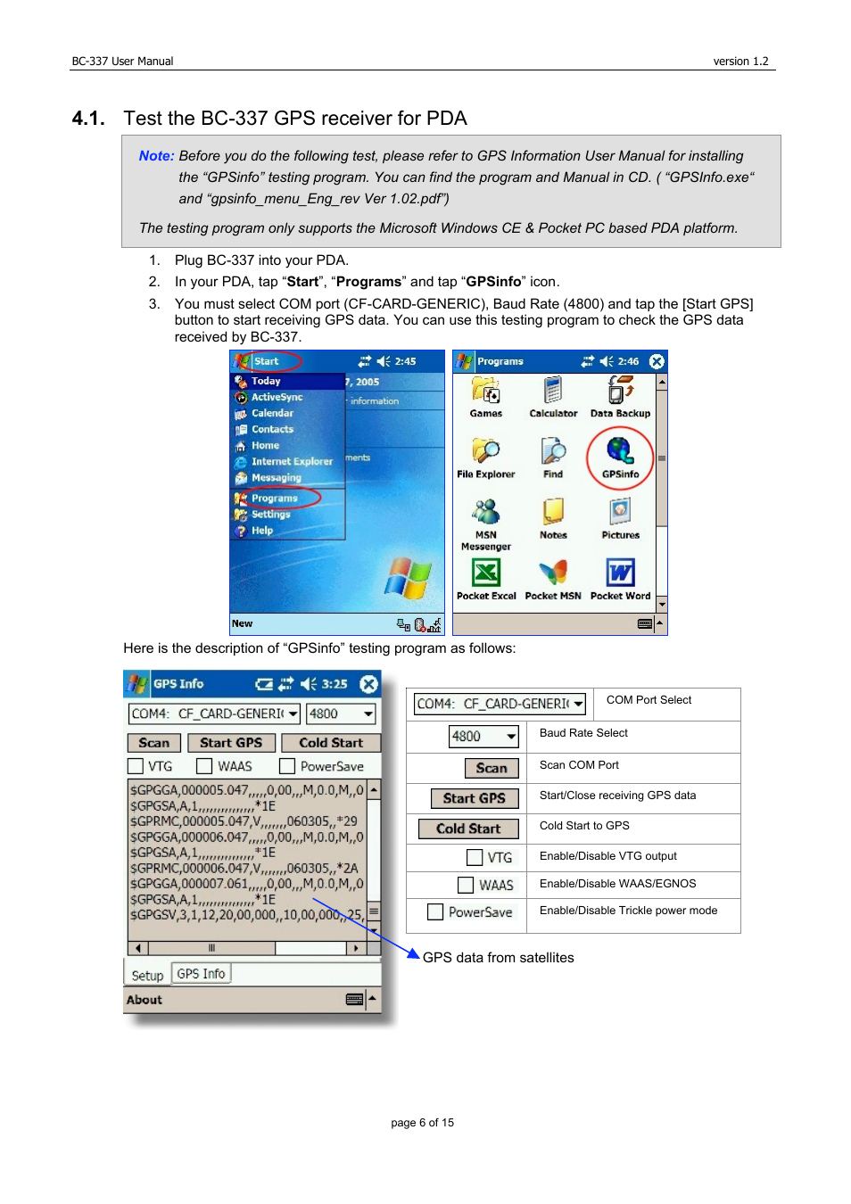 Test the bc-337 gps receiver for pda | USGlobalsat BC-337 User Manual | Page 6 / 15