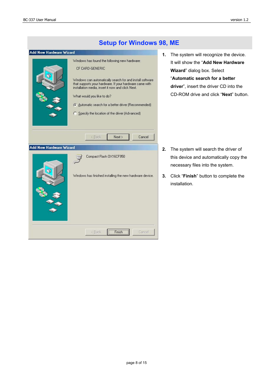 Setup for windows 98, me | USGlobalsat BC-337 User Manual | Page 8 / 15