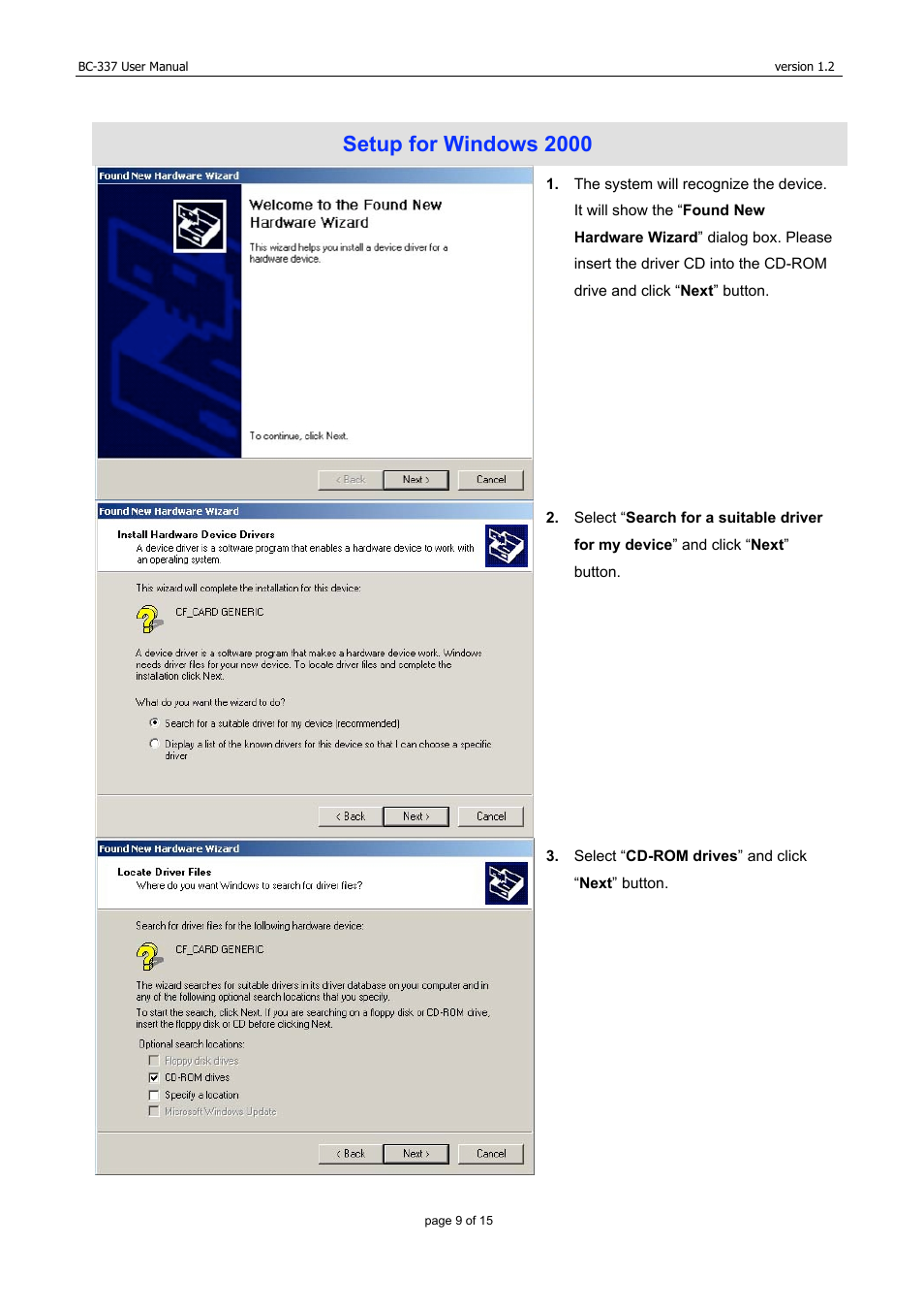 Setup for windows 2000 | USGlobalsat BC-337 User Manual | Page 9 / 15