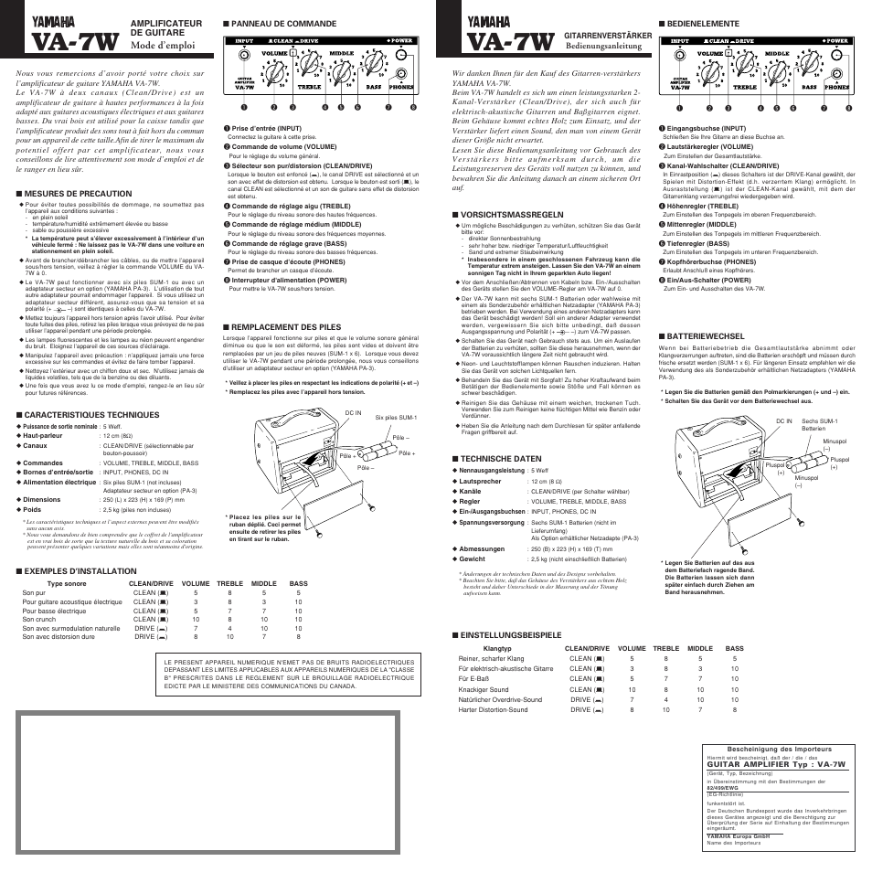 Va-7w, Mode d’emploi | Yamaha VA-7W User Manual | Page 2 / 2