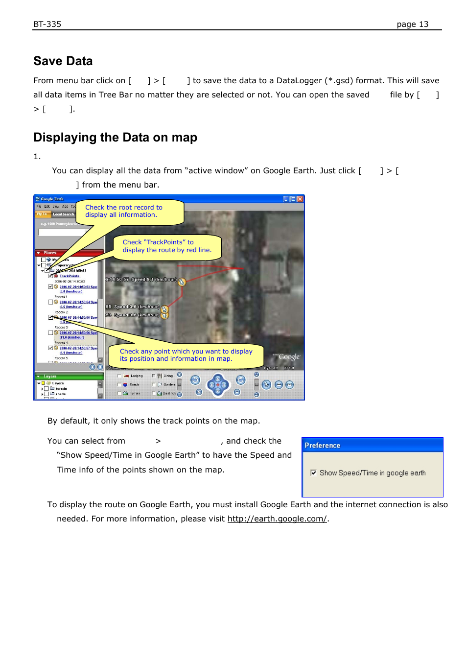 Save data, Displaying the data on map | USGlobalsat BT-335 User Manual User Manual | Page 13 / 20