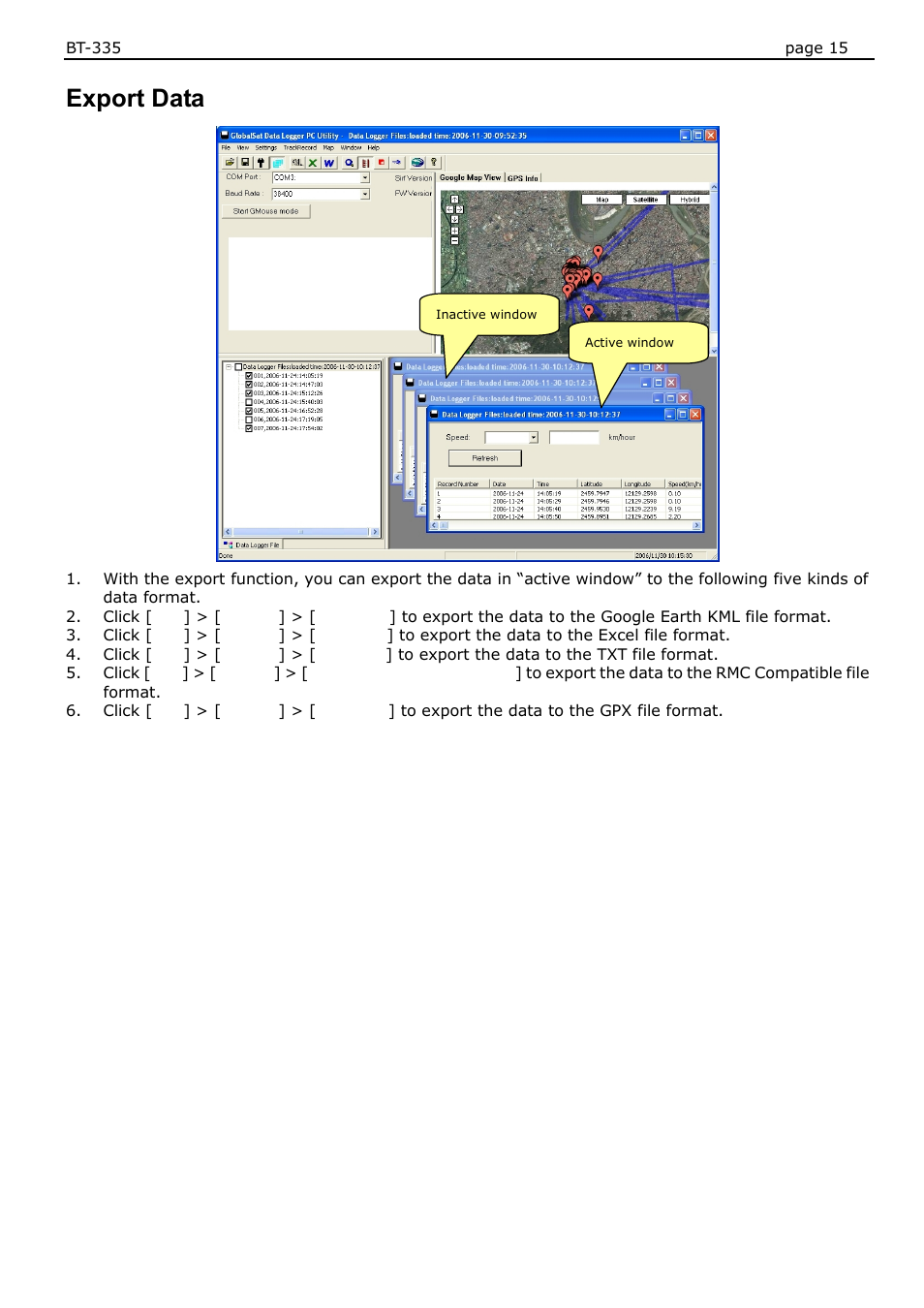 Export data | USGlobalsat BT-335 User Manual User Manual | Page 15 / 20
