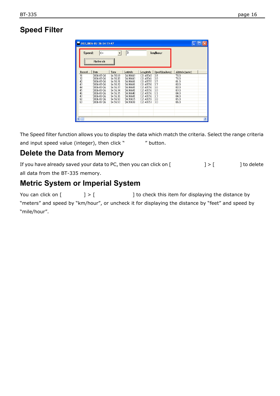 Speed filter, Metric system or imperial system | USGlobalsat BT-335 User Manual User Manual | Page 16 / 20