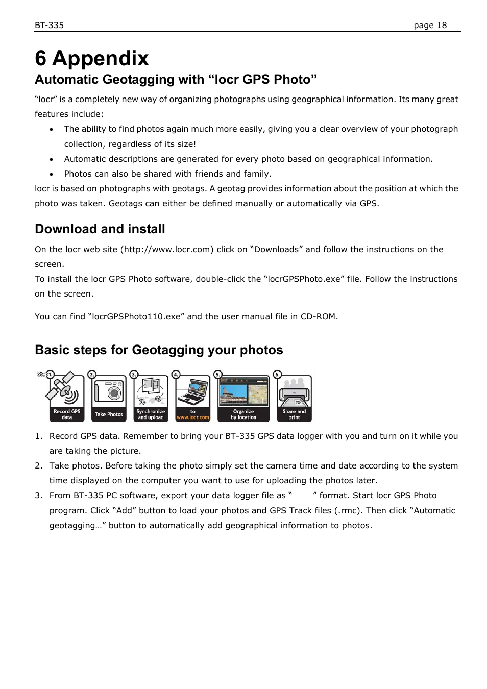 6 appendix, Automatic geotagging with “locr gps photo, Download and install | Basic steps for geotagging your photos | USGlobalsat BT-335 User Manual User Manual | Page 18 / 20