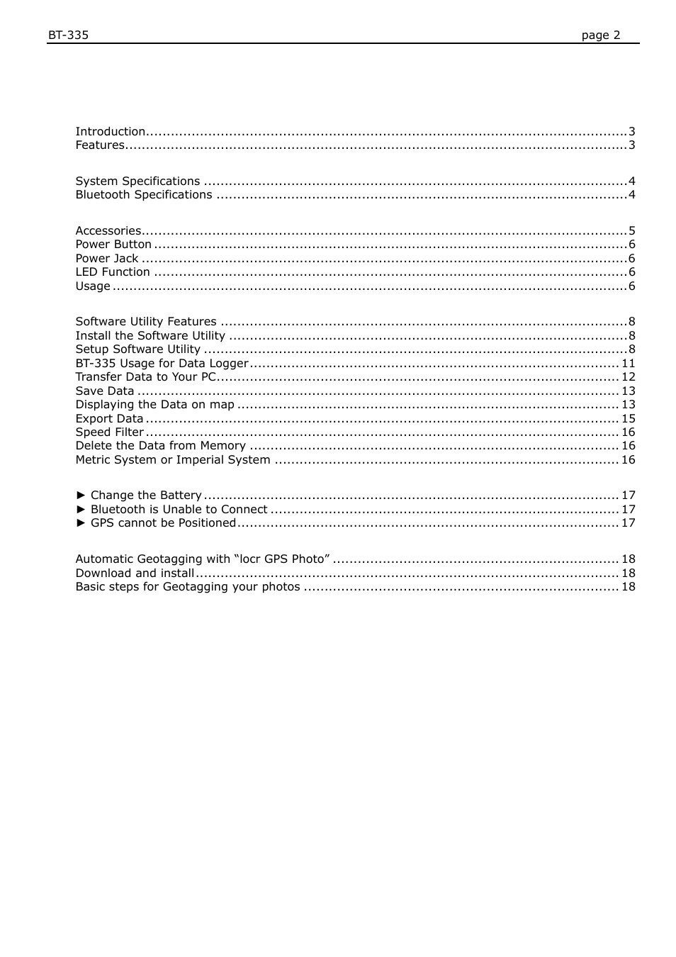 Table of content | USGlobalsat BT-335 User Manual User Manual | Page 2 / 20