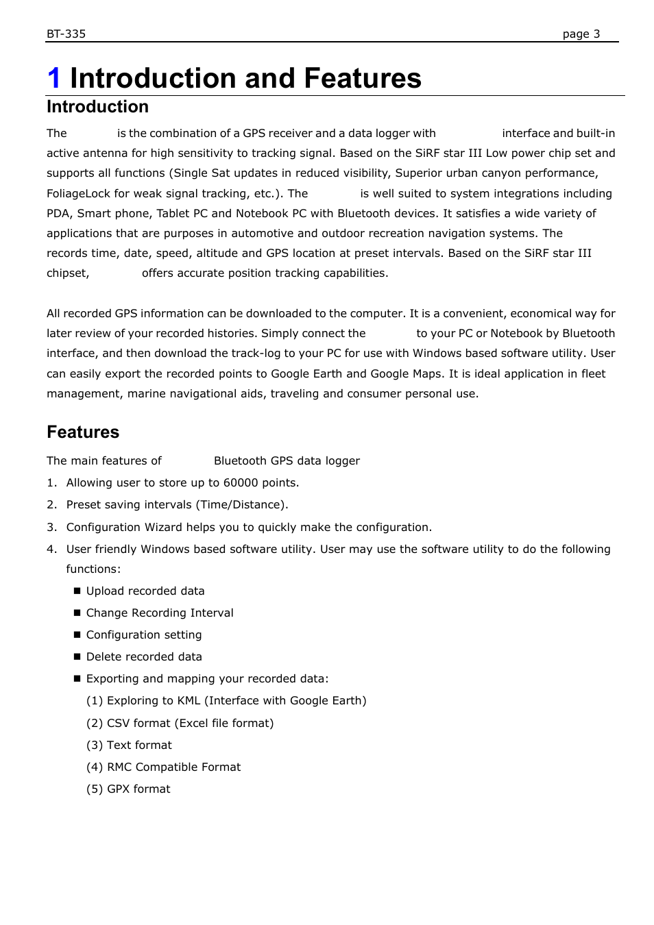 1introduction and features, Introduction, Features | USGlobalsat BT-335 User Manual User Manual | Page 3 / 20