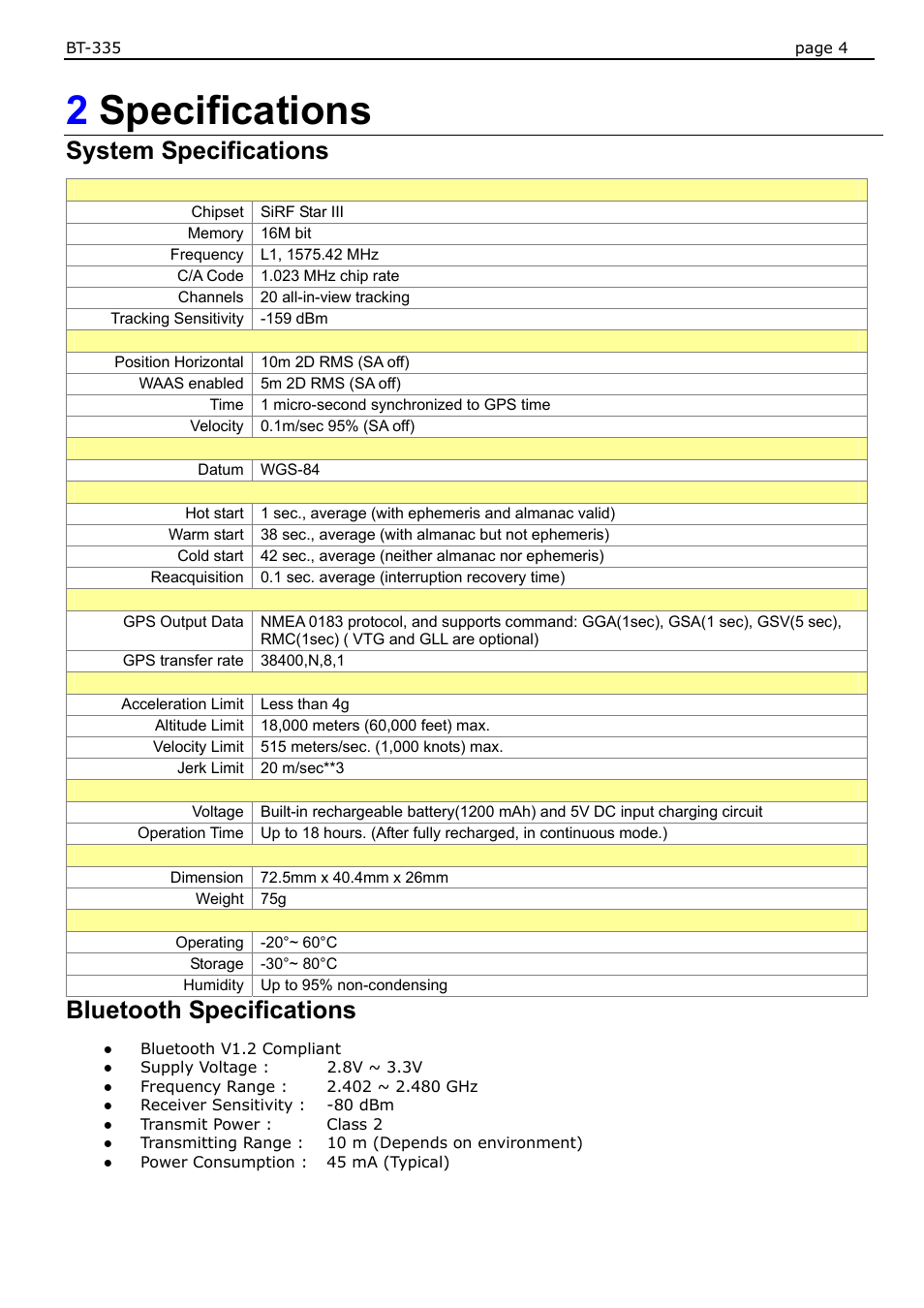 2specifications, System specifications, Bluetooth specifications | USGlobalsat BT-335 User Manual User Manual | Page 4 / 20