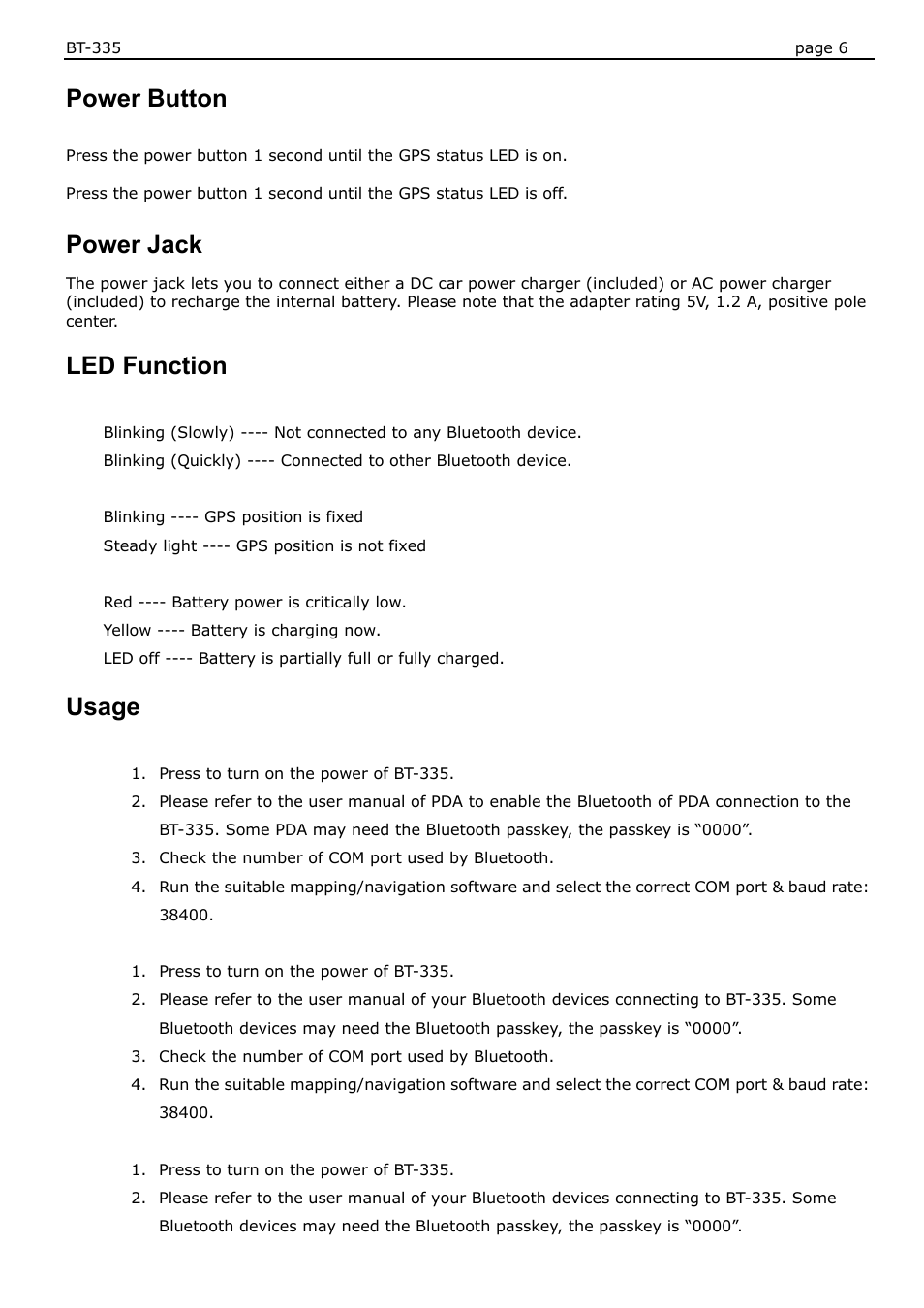 Power button, Power jack, Led function | Usage | USGlobalsat BT-335 User Manual User Manual | Page 6 / 20