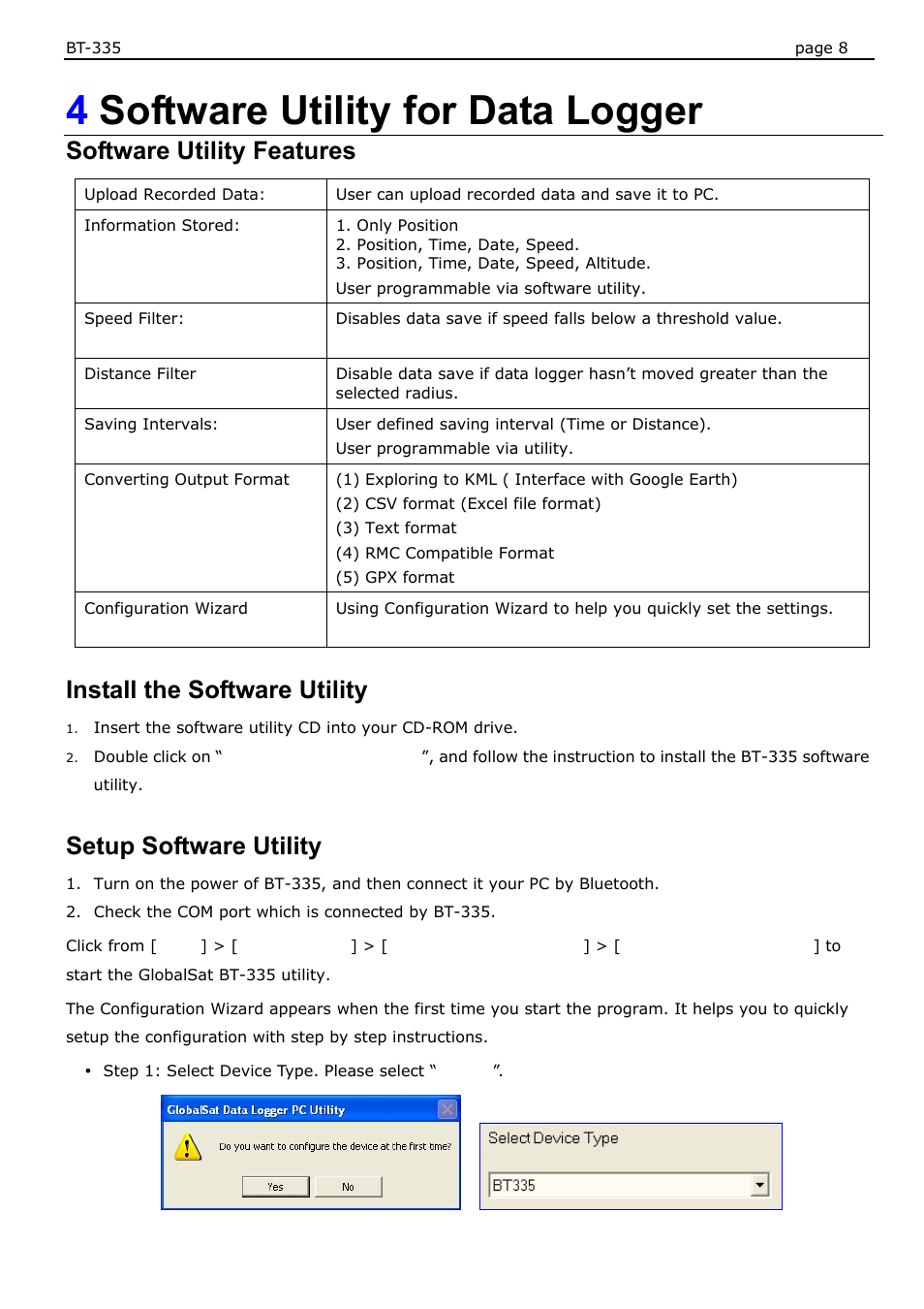 4software utility for data logger, Software utility features, Install the software utility | Setup software utility | USGlobalsat BT-335 User Manual User Manual | Page 8 / 20