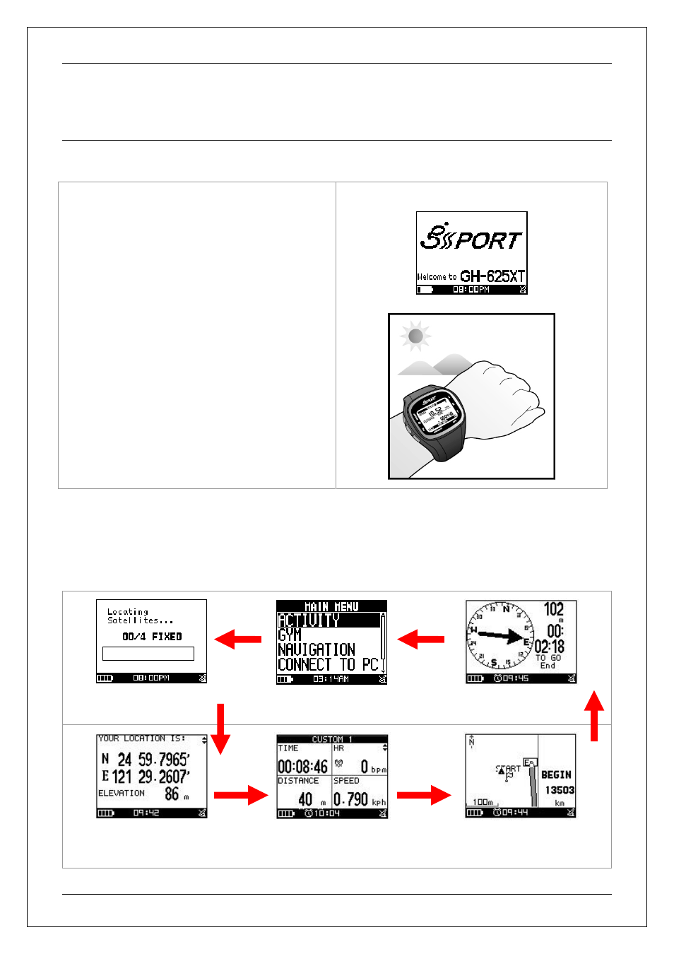 Getting start, 1 starting up your gh-625xt, 2 change the page | USGlobalsat GH-625XT User Manual User Manual | Page 13 / 47