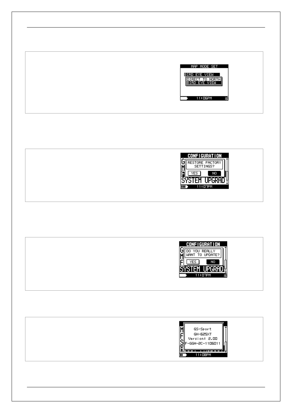 6 map mode set, 7 factory reset, 8 system upgrade | 9 about product | USGlobalsat GH-625XT User Manual User Manual | Page 42 / 47