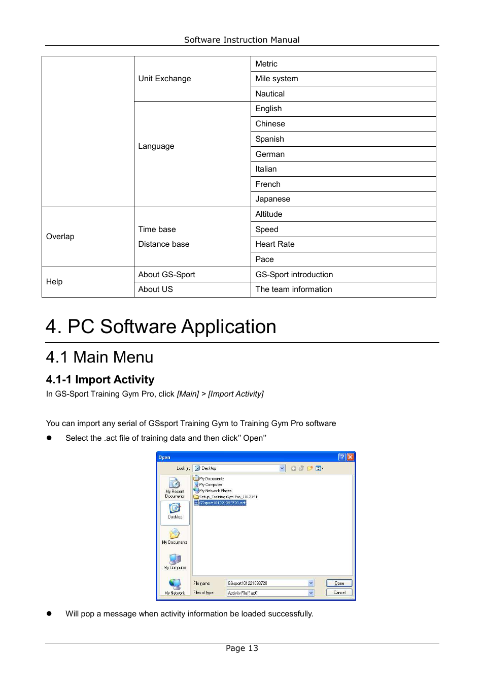 Pc software application, 1 main menu, 1 import activity | USGlobalsat GB-580_GB-580P Training Gym Pro Instructions Manual User Manual | Page 13 / 30