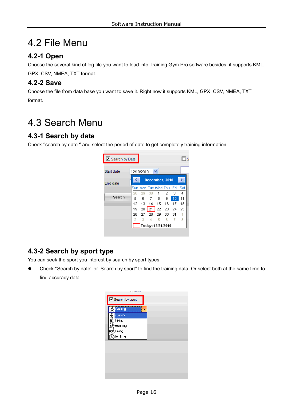 2 file menu, 3 search menu, 1 open | 2 save, 1 search by date, 2 search by sport type | USGlobalsat GB-580_GB-580P Training Gym Pro Instructions Manual User Manual | Page 16 / 30