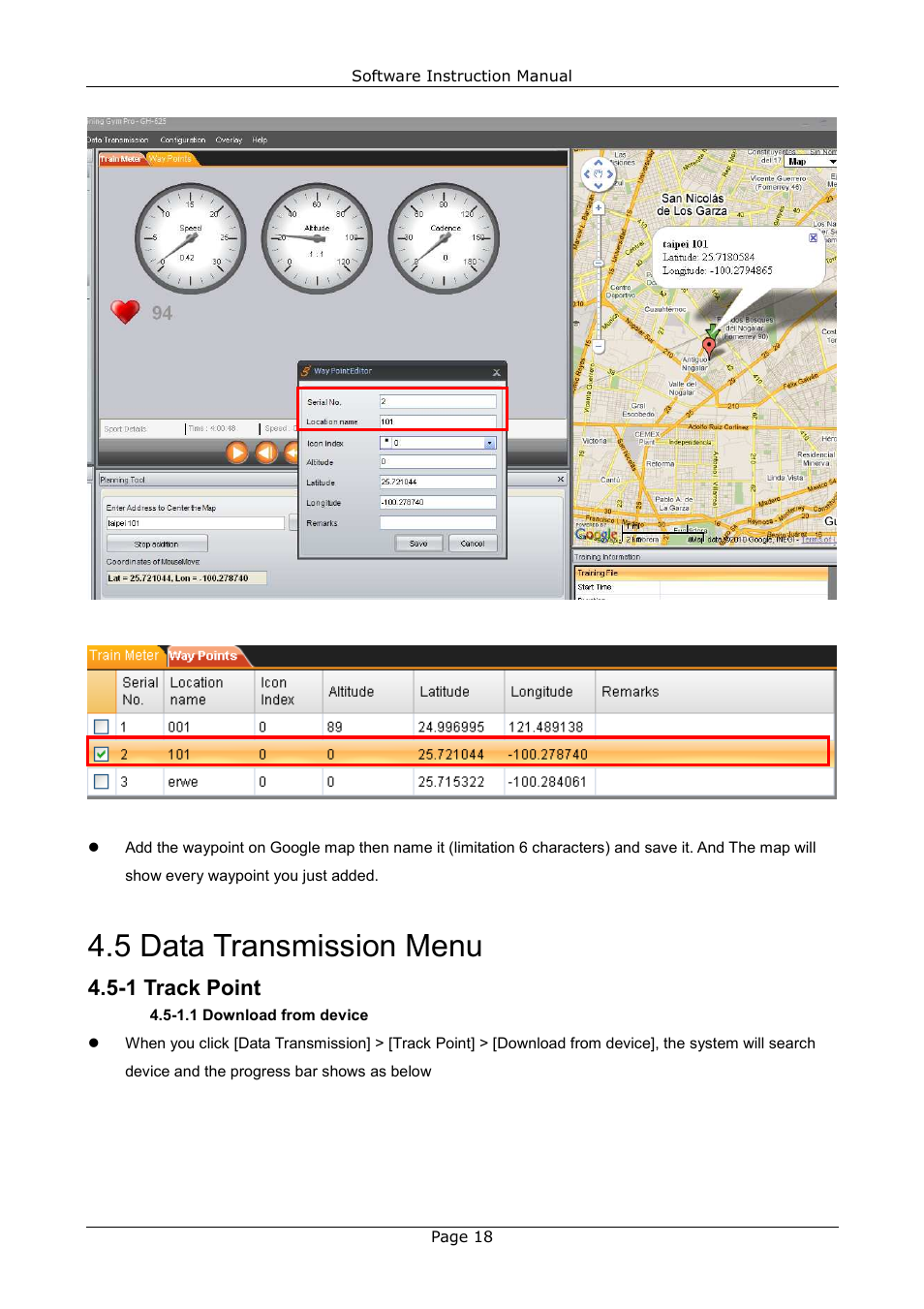 5 data transmission menu, 1 track point | USGlobalsat GB-580_GB-580P Training Gym Pro Instructions Manual User Manual | Page 18 / 30