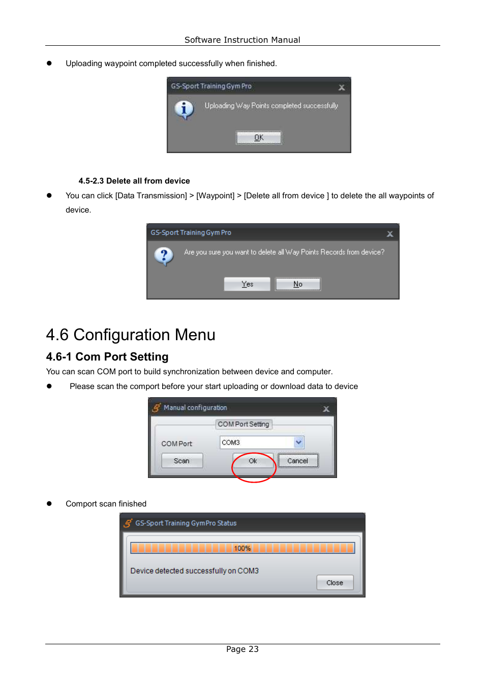 6 configuration menu, 1 com port setting | USGlobalsat GB-580_GB-580P Training Gym Pro Instructions Manual User Manual | Page 23 / 30