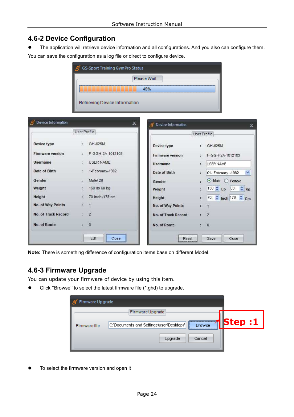 Step :1, 2 device configuration, 3 firmware upgrade | USGlobalsat GB-580_GB-580P Training Gym Pro Instructions Manual User Manual | Page 24 / 30