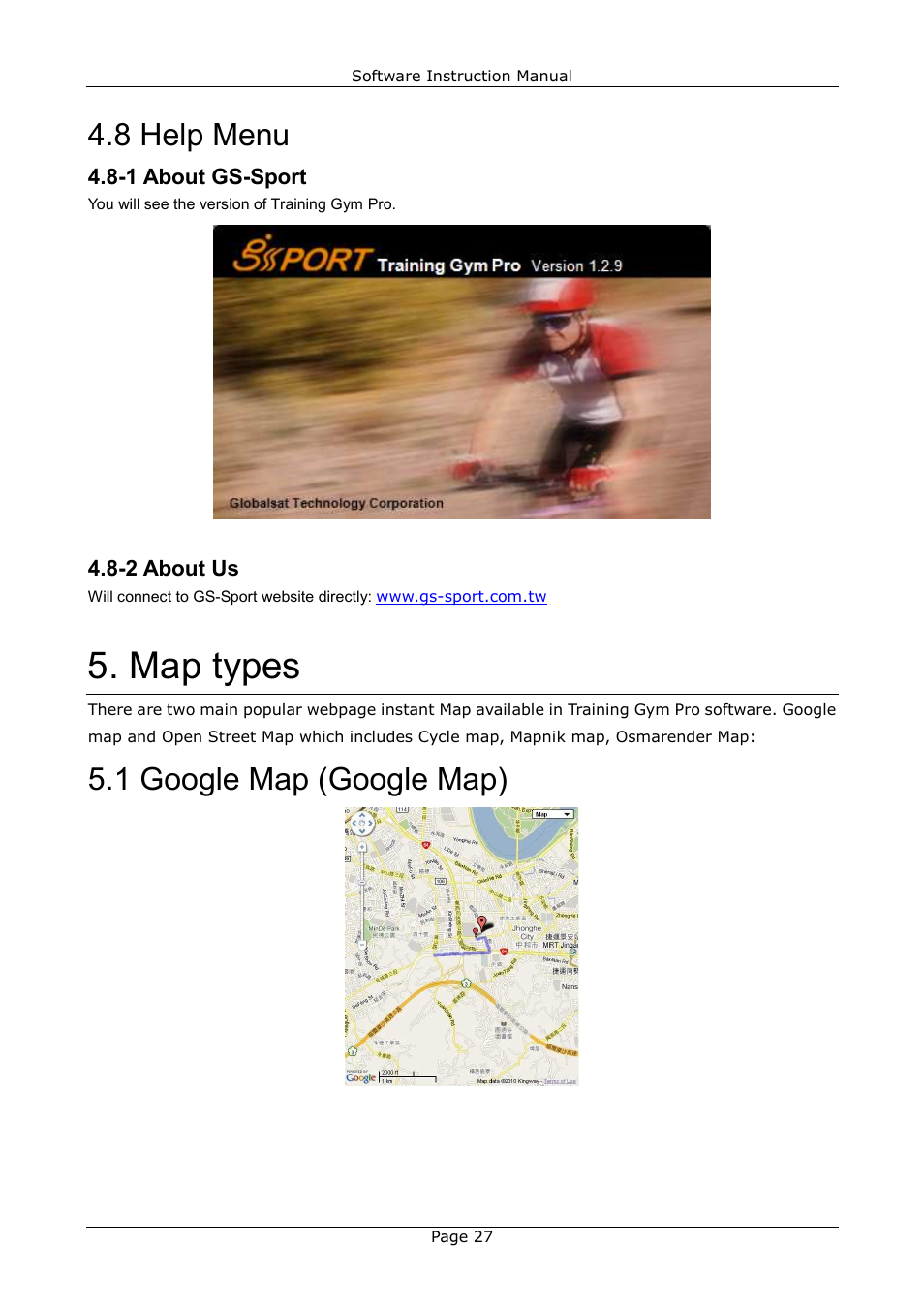 Map types, 8 help menu, 1 google map (google map) | 1 about gs-sport, 2 about us | USGlobalsat GB-580_GB-580P Training Gym Pro Instructions Manual User Manual | Page 27 / 30