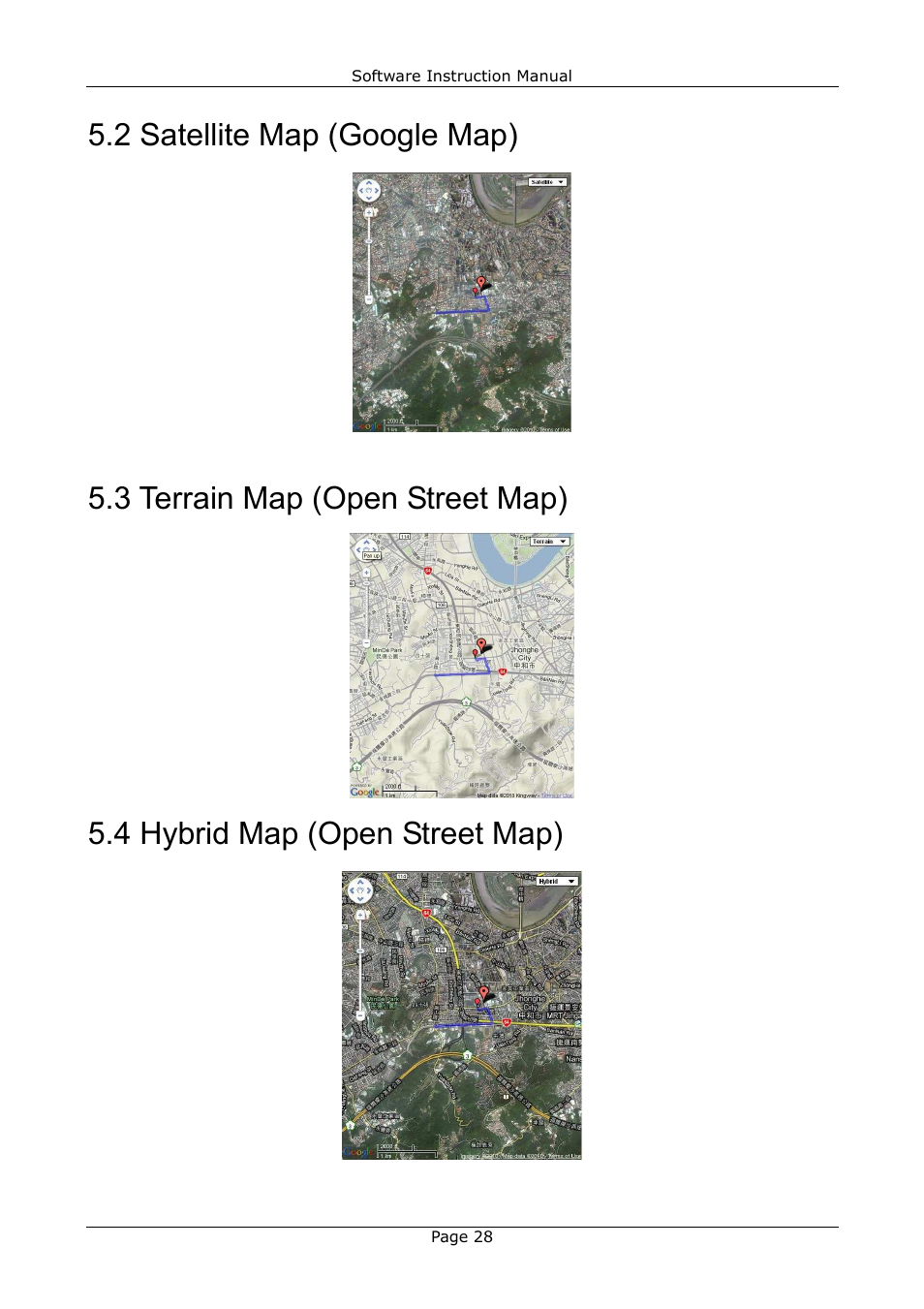 2 satellite map (google map), 3 terrain map (open street map), 4 hybrid map (open street map) | USGlobalsat GB-580_GB-580P Training Gym Pro Instructions Manual User Manual | Page 28 / 30