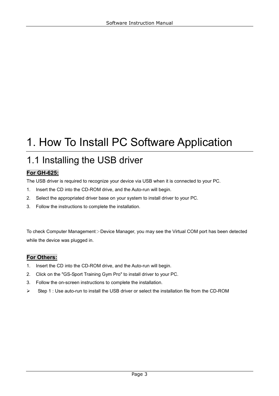 How to install pc software application, 1 installing the usb driver | USGlobalsat GB-580_GB-580P Training Gym Pro Instructions Manual User Manual | Page 3 / 30