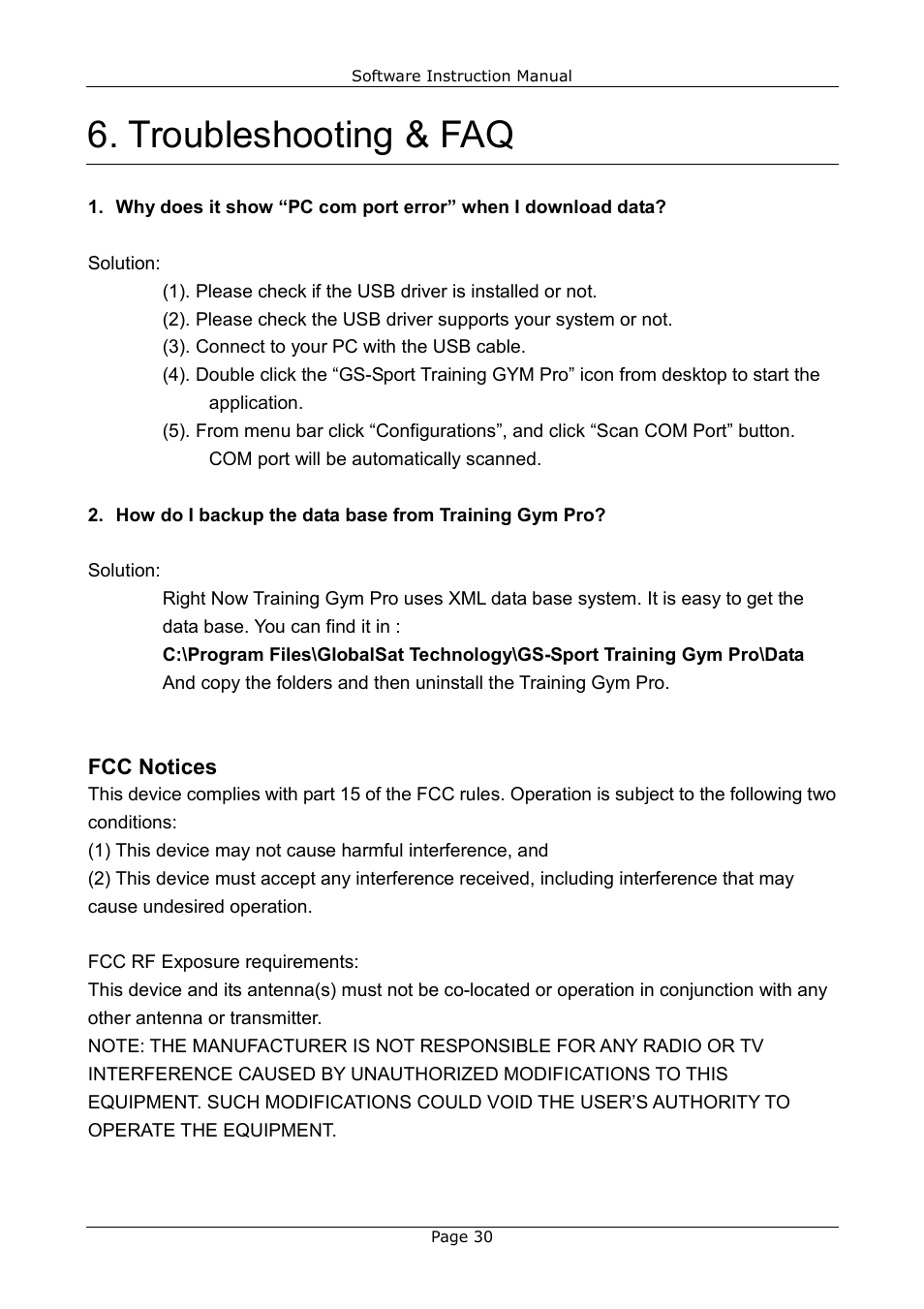 Troubleshooting & faq | USGlobalsat GB-580_GB-580P Training Gym Pro Instructions Manual User Manual | Page 30 / 30