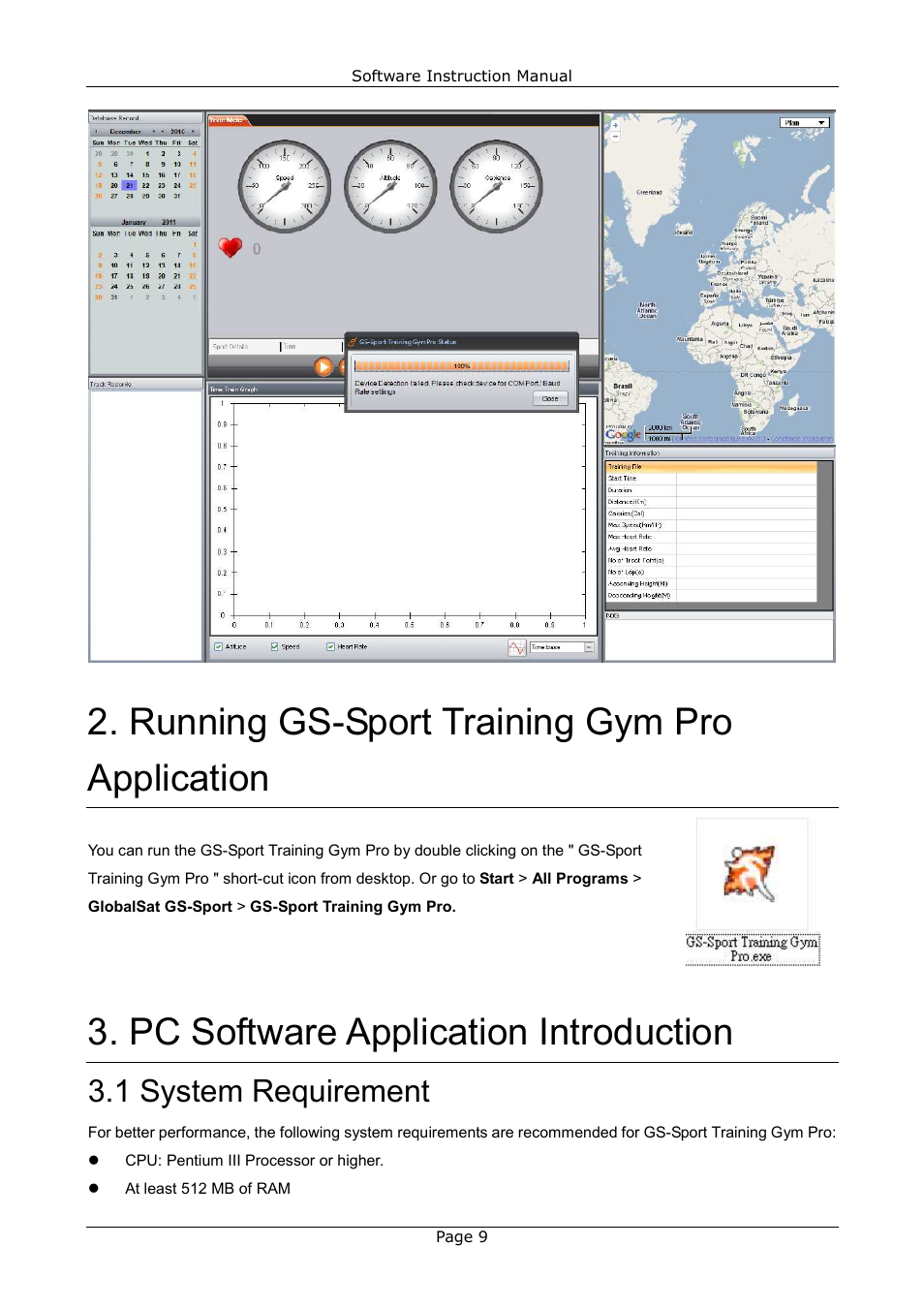 Running gs-sport training gym pro application, Pc software application introduction, 1 system requirement | USGlobalsat GB-580_GB-580P Training Gym Pro Instructions Manual User Manual | Page 9 / 30