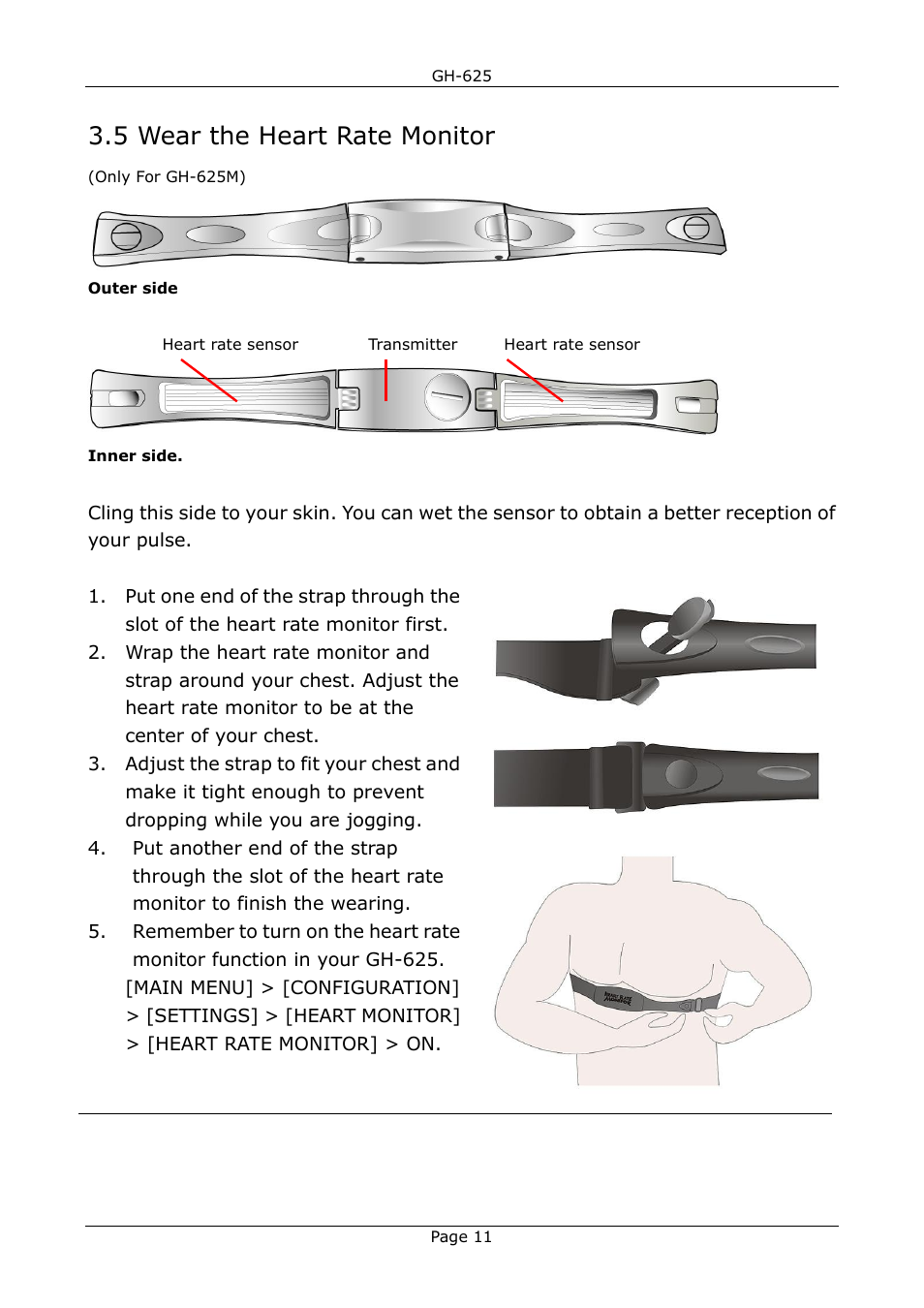 5 wear the heart rate monitor | USGlobalsat GH-625B User Manual User Manual | Page 11 / 66