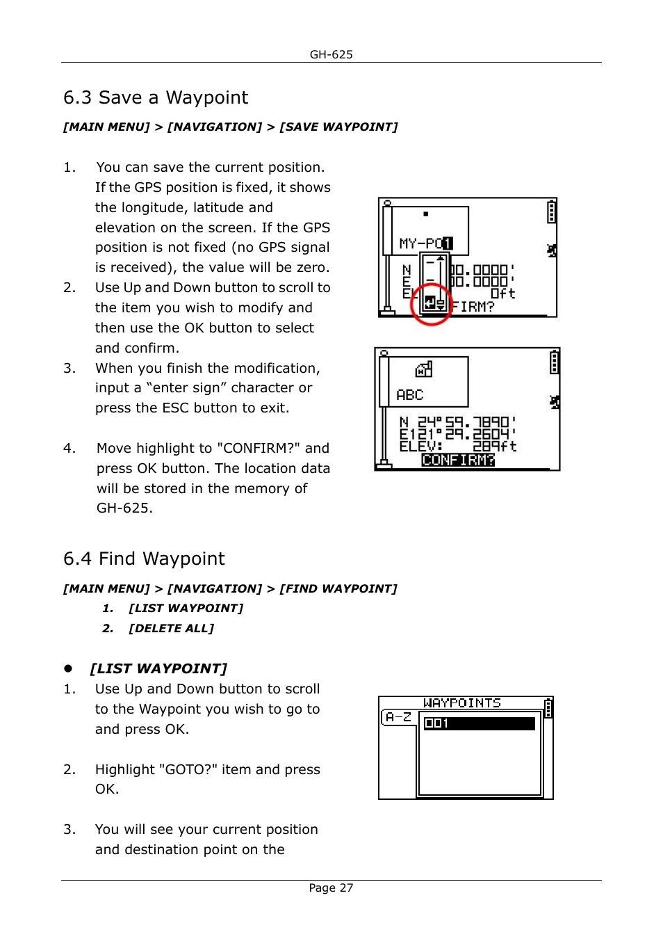 3 save a waypoint, 4 find waypoint | USGlobalsat GH-625B User Manual User Manual | Page 27 / 66